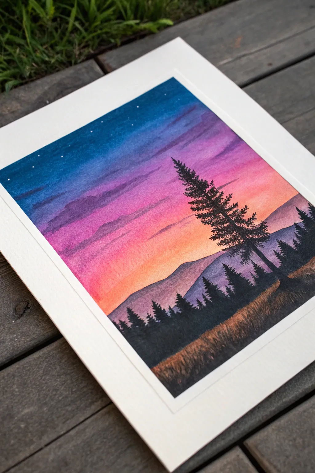 Beginner-friendly oil pastel silhouette landscape with a dramatic sunset gradient sky.