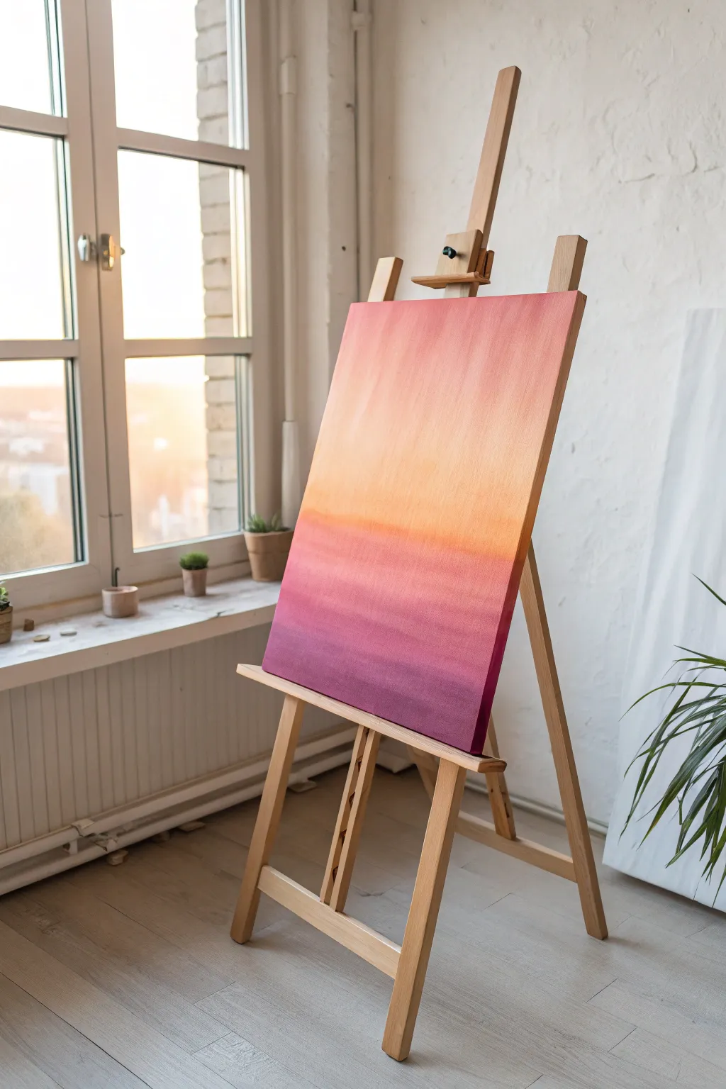 Create a serene sunset ombre backdrop on canvas, minimal and warm with a boho touch today.