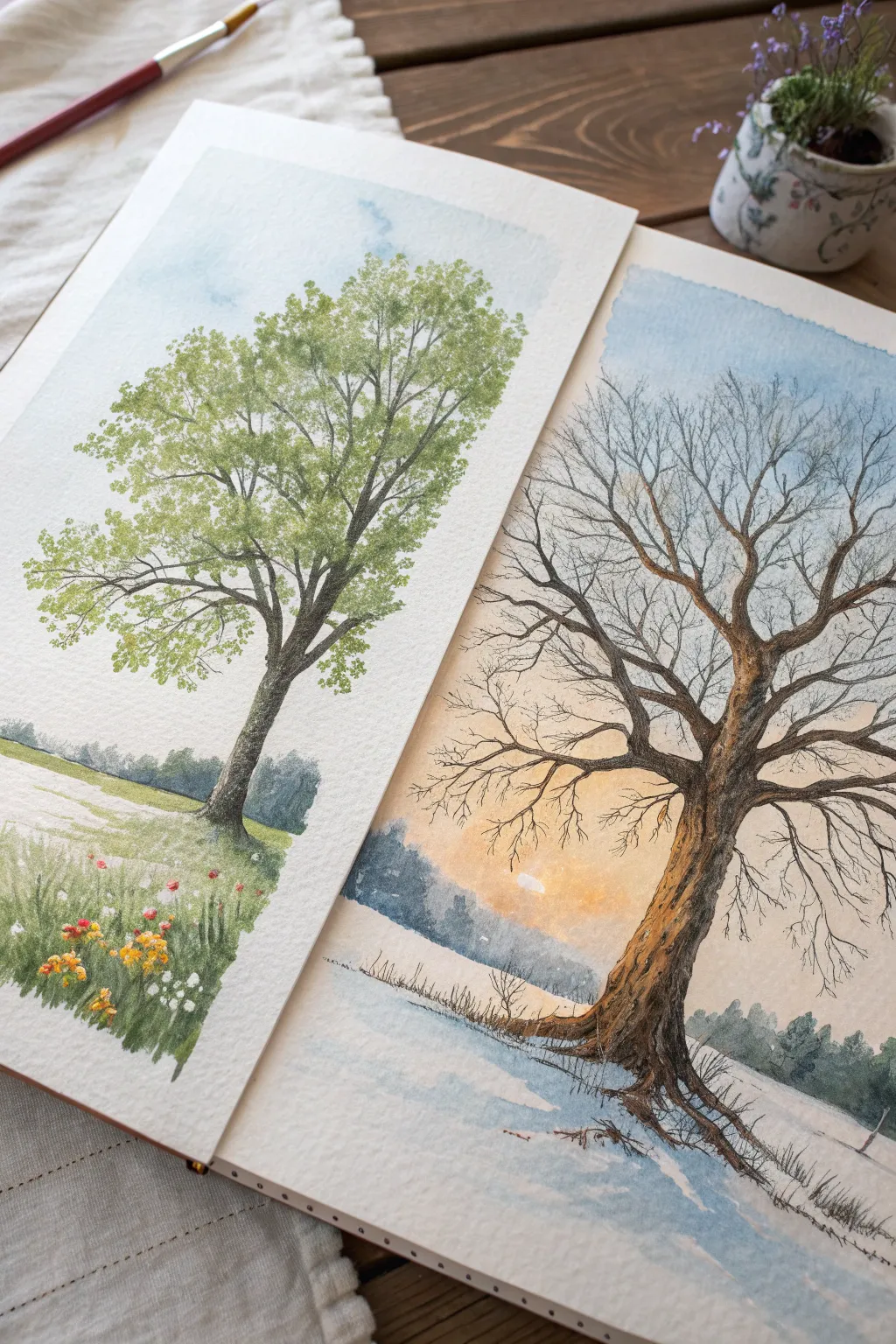One tree, two seasons: bright summer leaves and icy winter branches in minimalist harmony.