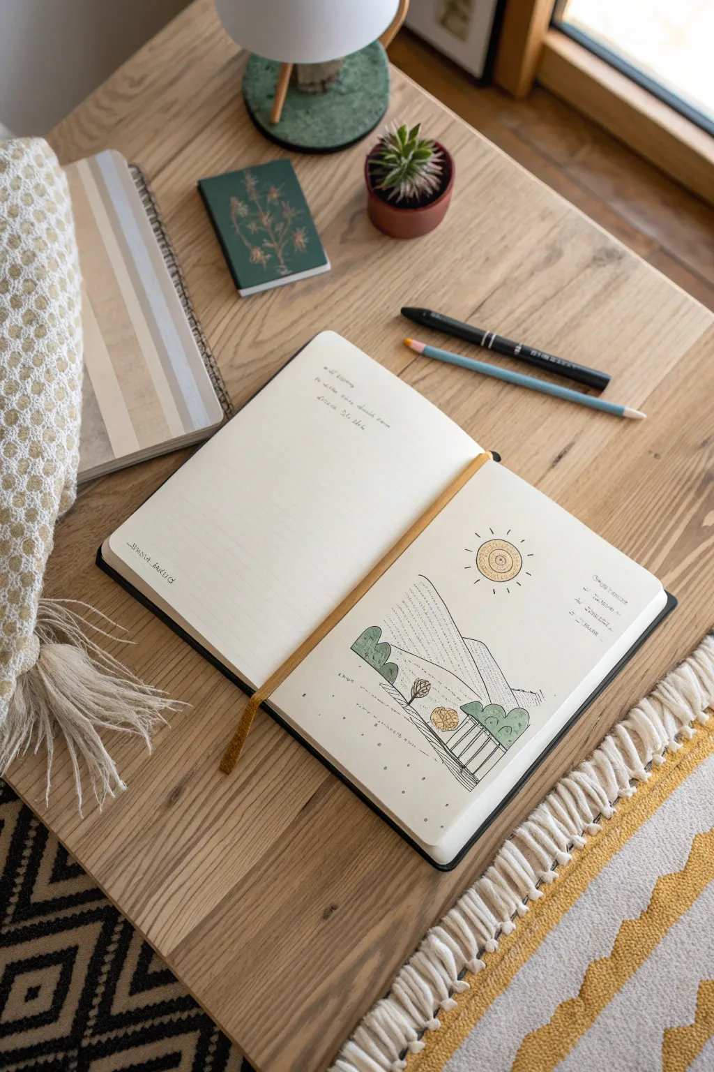 Turn a room corner into a mini world sketch, where rugs become fields and lamps glow like suns.