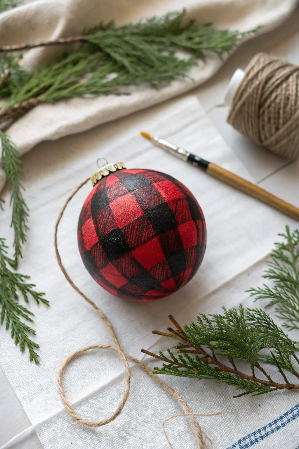 Paint a cozy buffalo plaid ornament with clean grid lines, liner brush, and evergreen accents
