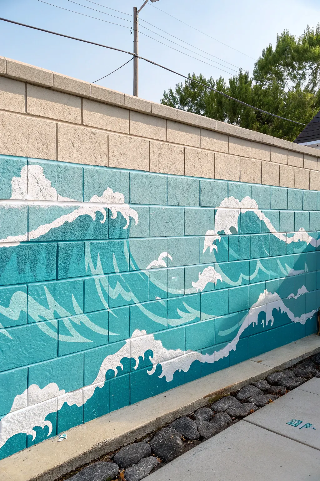 Turquoise wave mural on a sunlit cinderblock wall for a clean, refreshing poolside backdrop.