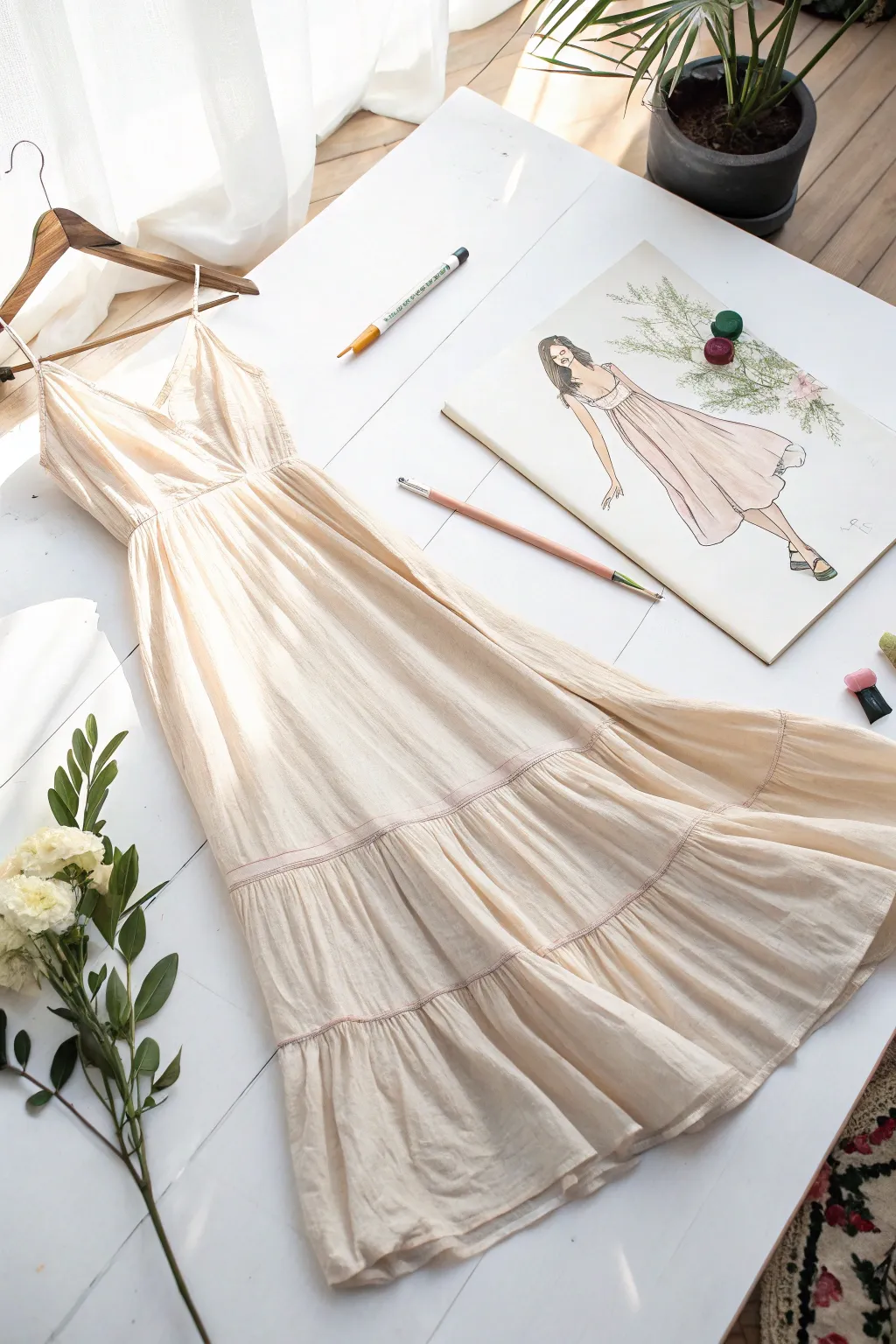 Easy breezy sundress sketch with flowing folds and subtle motion lines for effortless movement