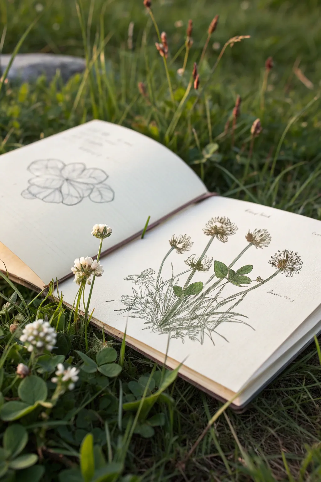Wildflower sketch study outdoors, simplified petals and stems with clean Scandinavian minimal charm