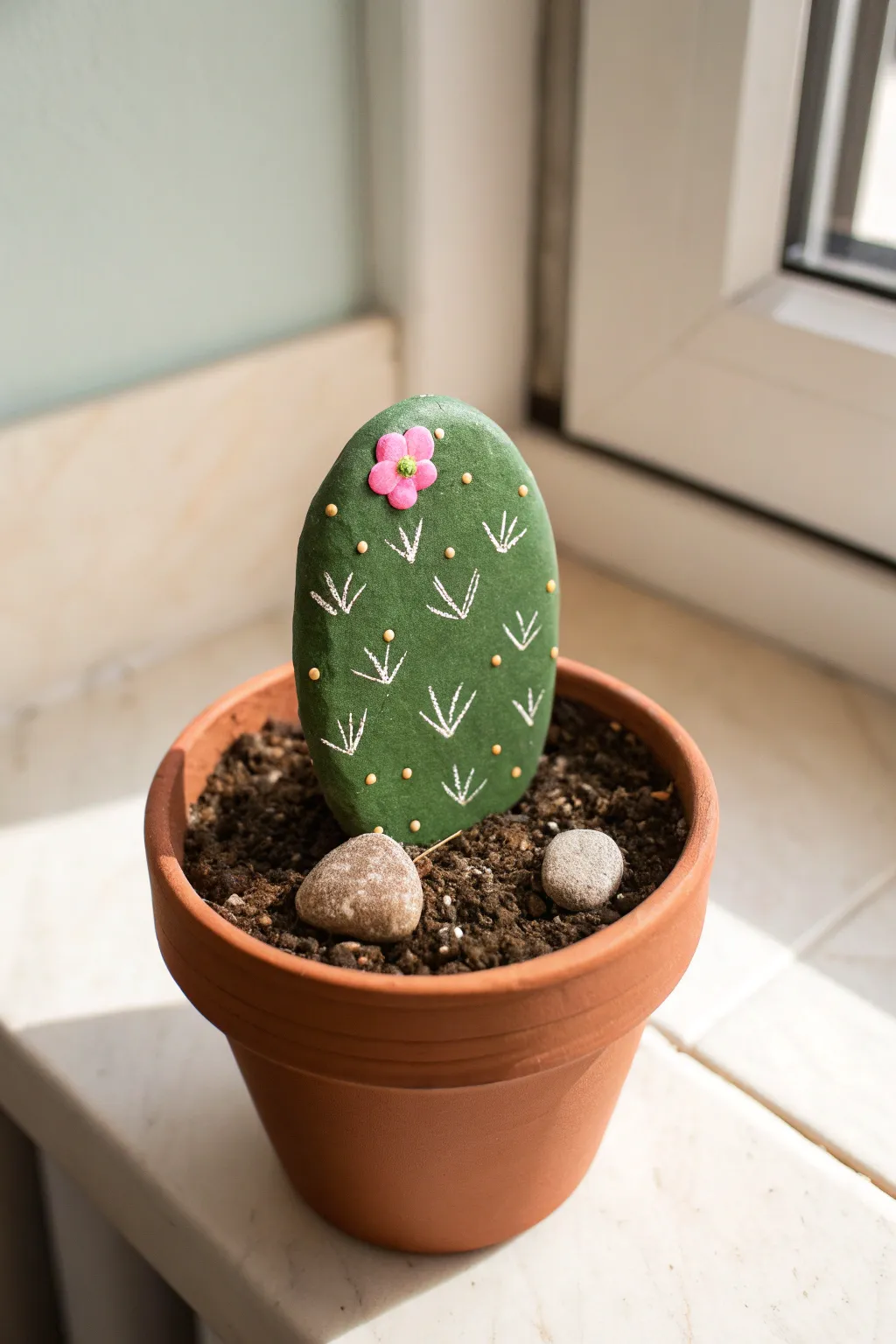 Paint an oval rock prickly pear cactus in a mini pot for sweet minimalist boho decor