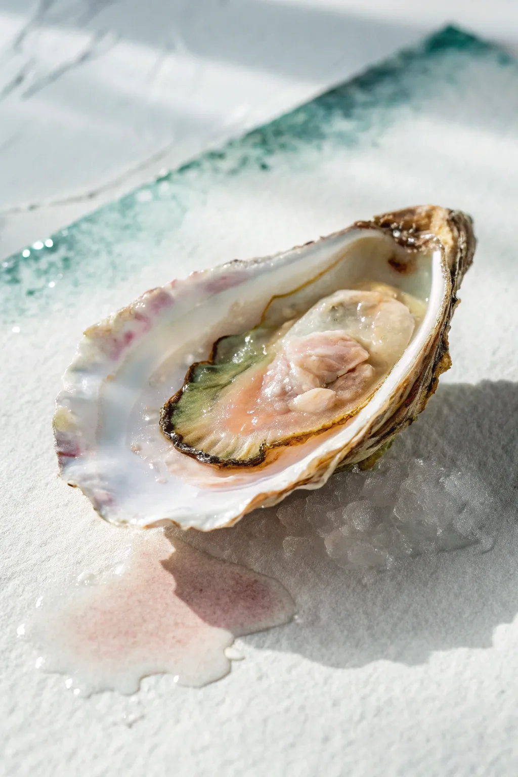 Realistic open oyster watercolor study with pearly tones, wet shine, and a soft cast shadow