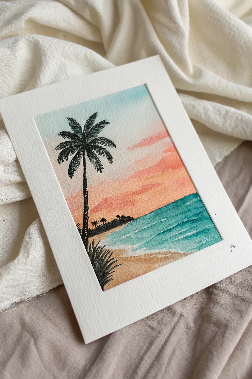 Quick paint-and-sip beach sunset: turquoise sea and palm silhouette for calm vacation vibes