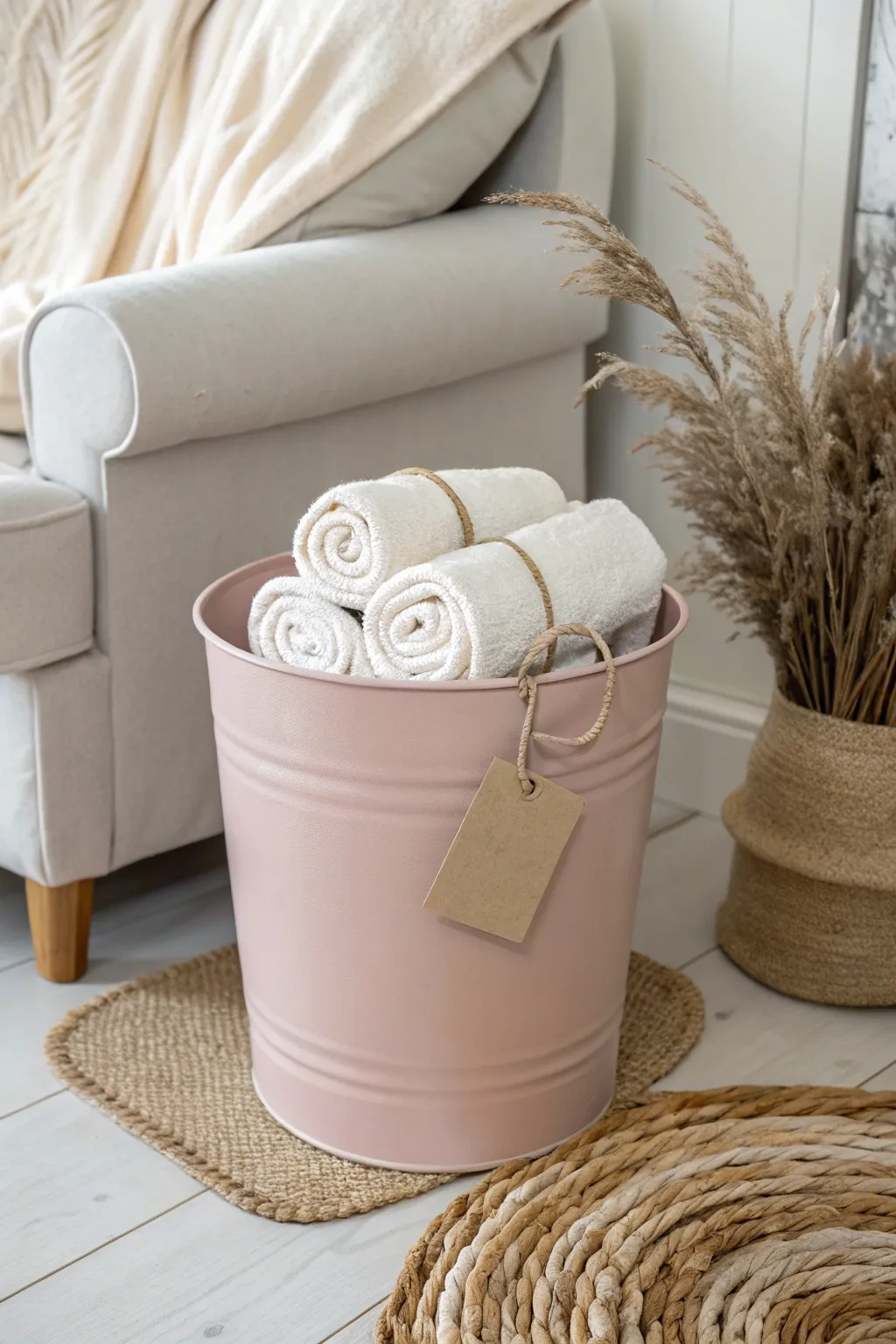 Upcycled matte bucket as blanket storage, minimalist Scandinavian corner with a soft boho feel.