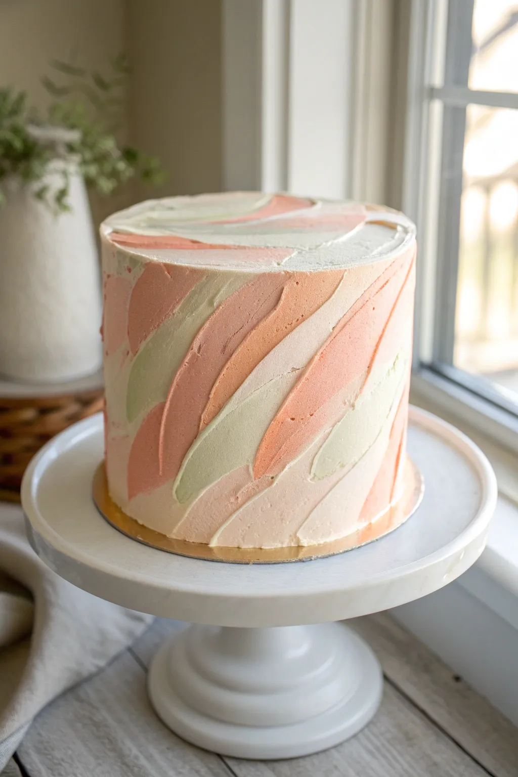 Buttercream brushstroke cake with bold, swipey texture in soft boho hues, ultra close-up.