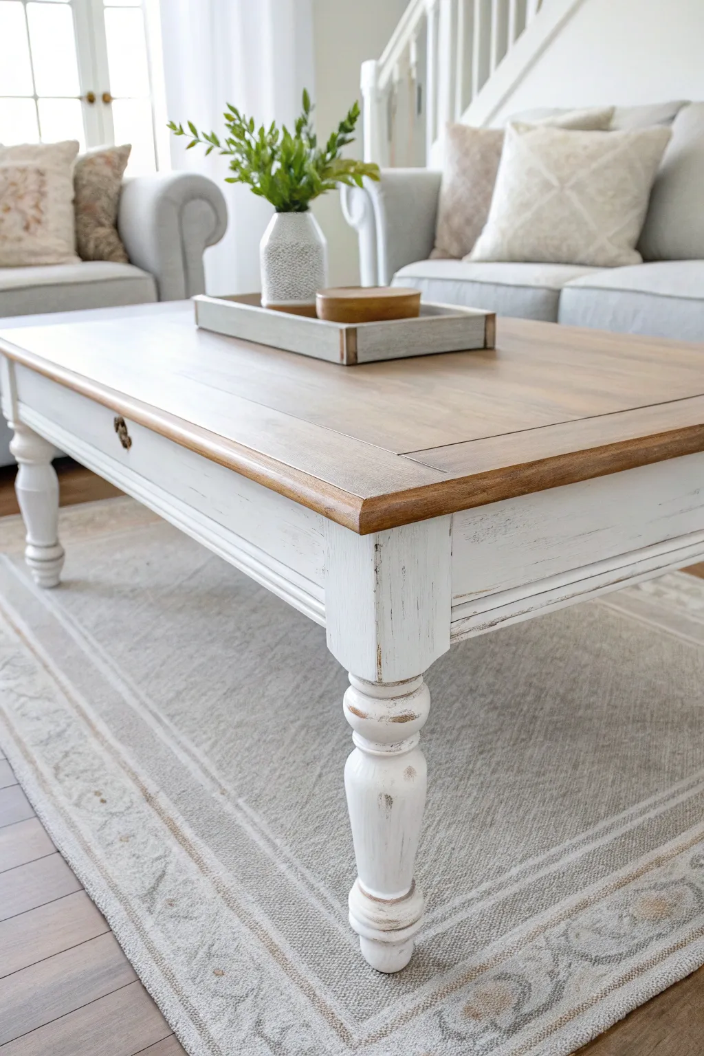 Softly distressed painted coffee table edges reveal warm wood for a gently worn, handcrafted look