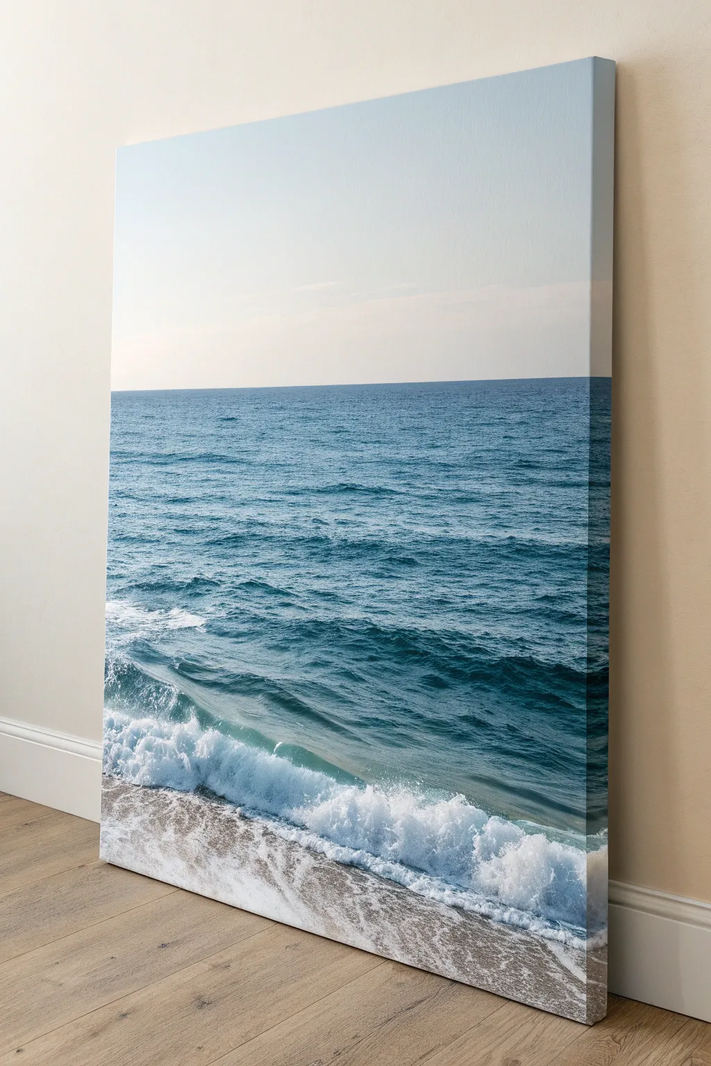 Ocean horizon seascape canvas with deep blues and foamy wave accents for a calm paint idea