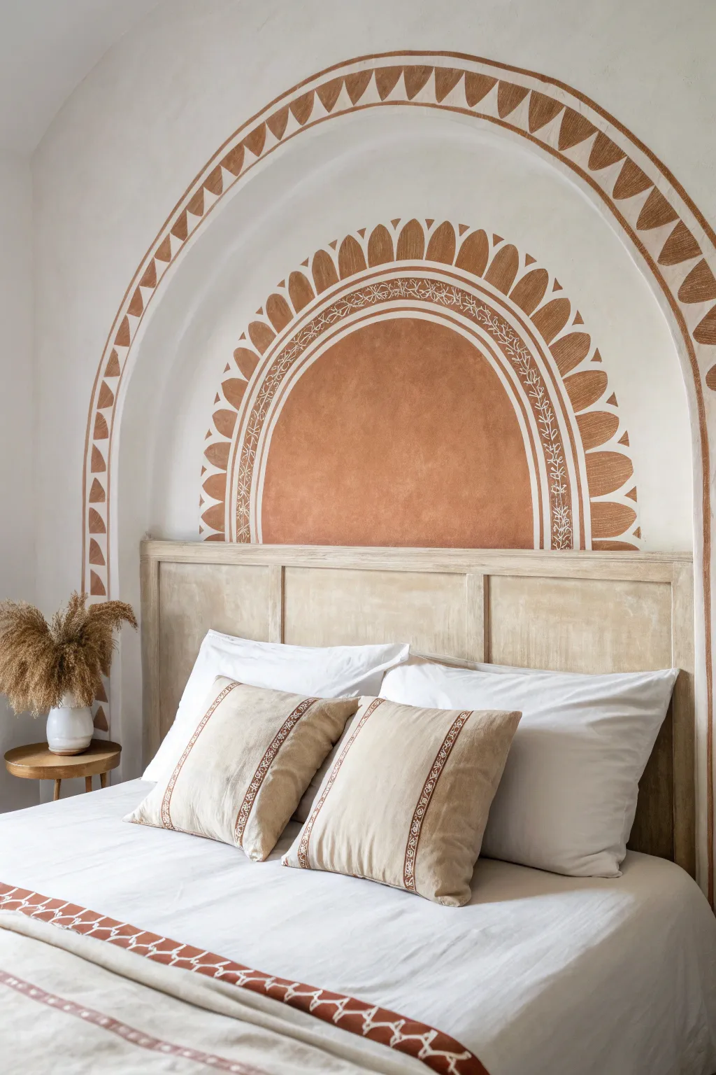 Clean painted arch headboard for a minimalist bedroom, graphic and cozy in neutral tones.