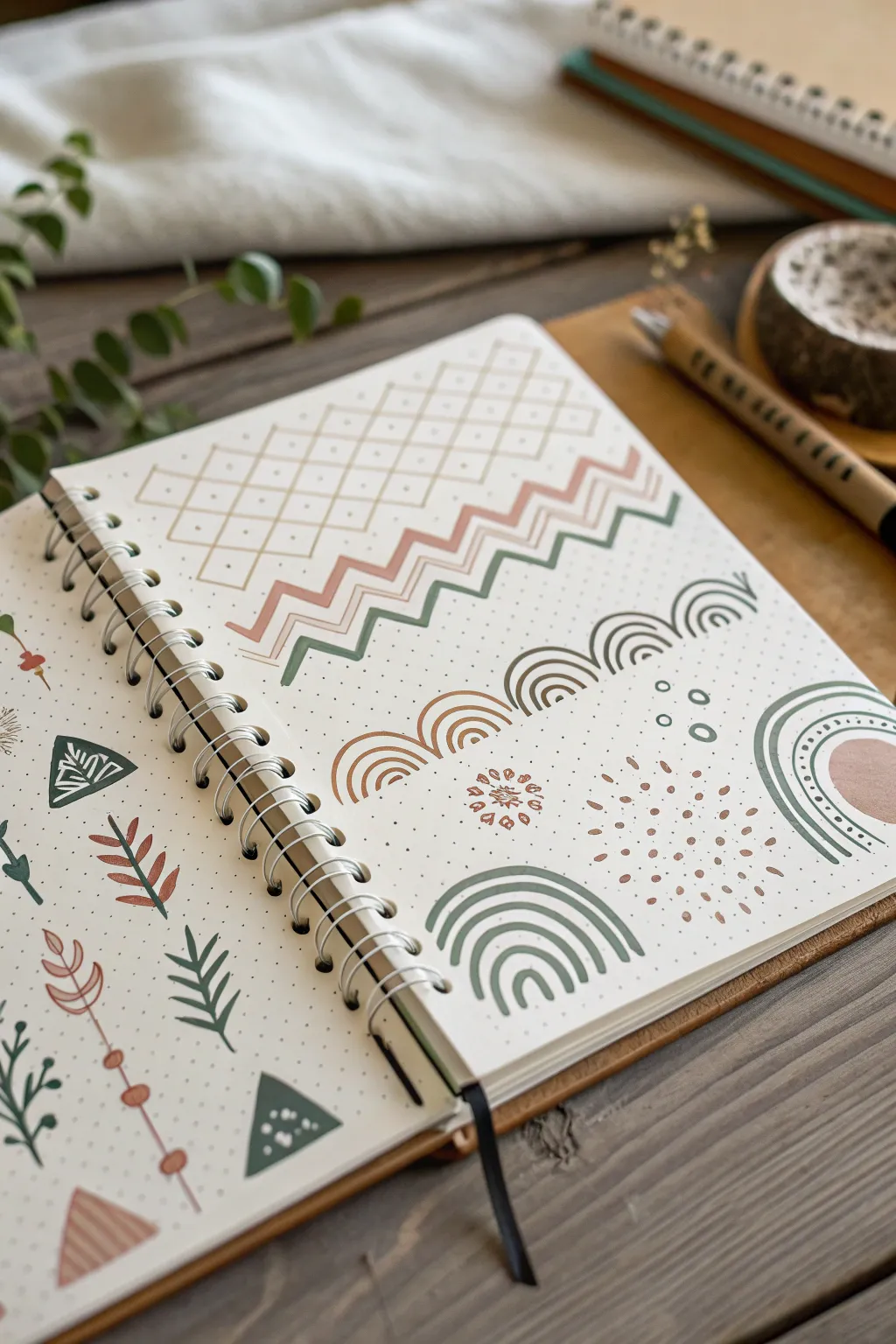 Create a cozy doodle spread with repeating pattern fills using a soft, minimalist marker palette