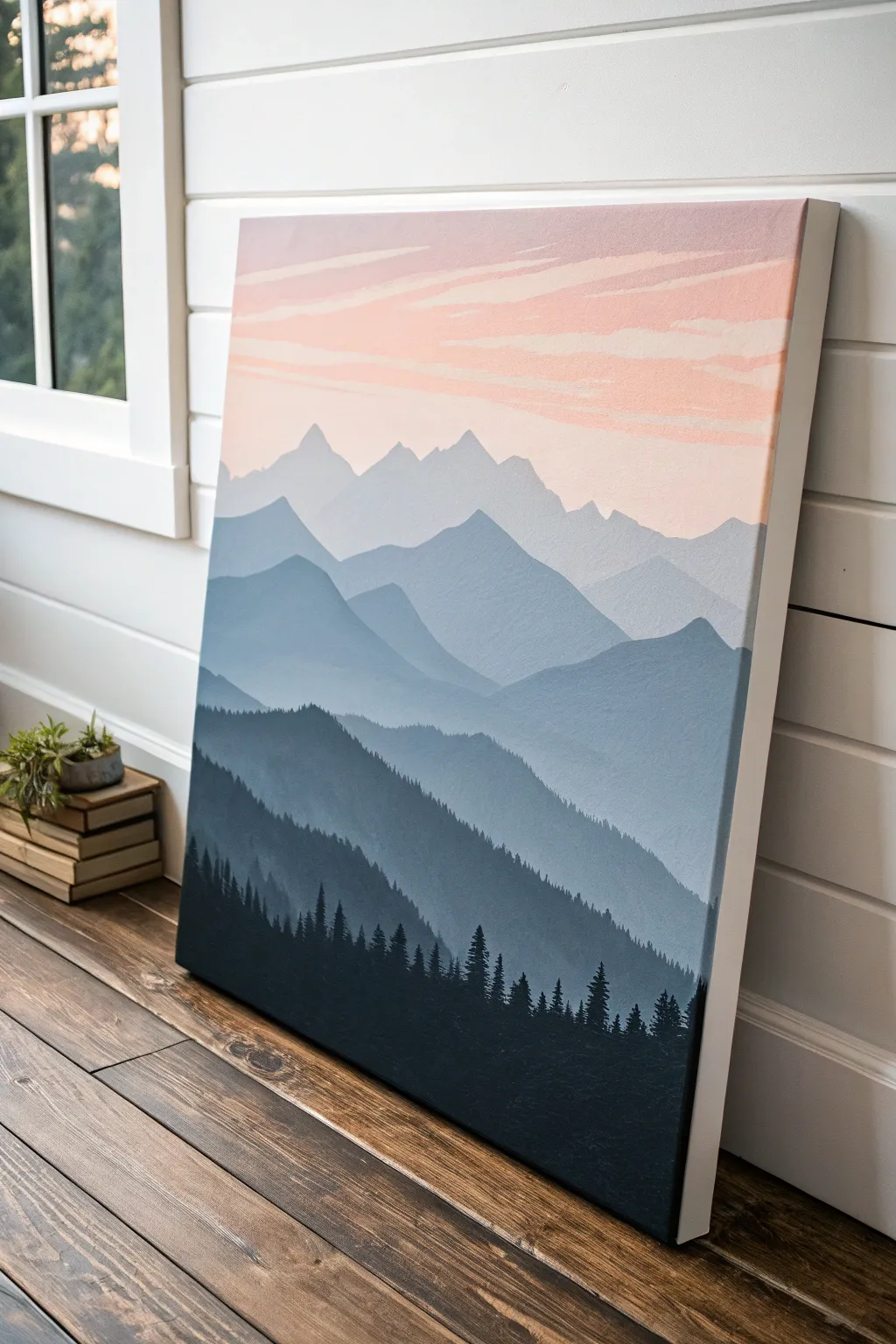 Beginner-friendly dusk mountain silhouette painting with bold layers and calming Nordic tones