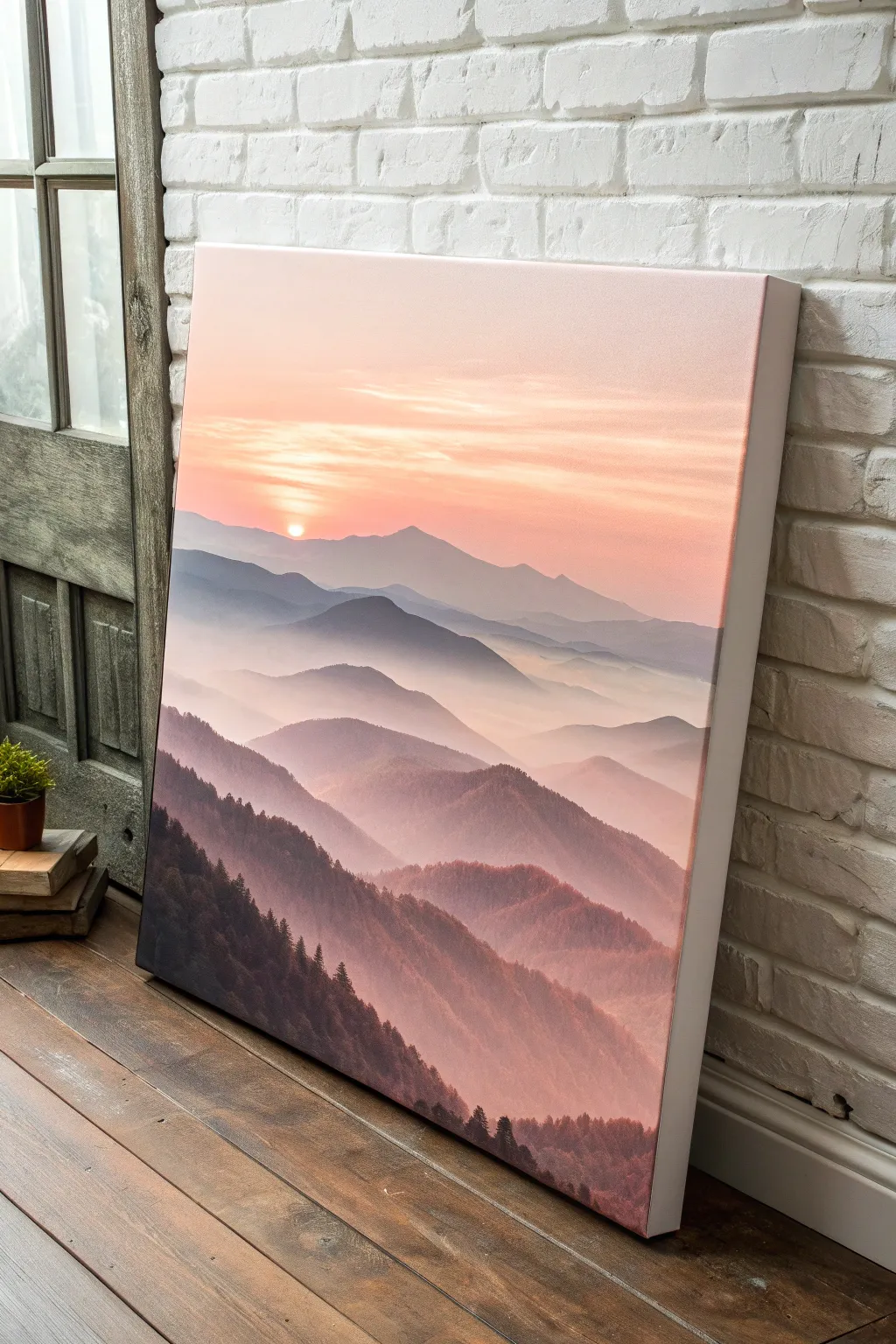 Misty mountain sunrise in simple pastel layers, anchored by a bold dark ridge for contrast