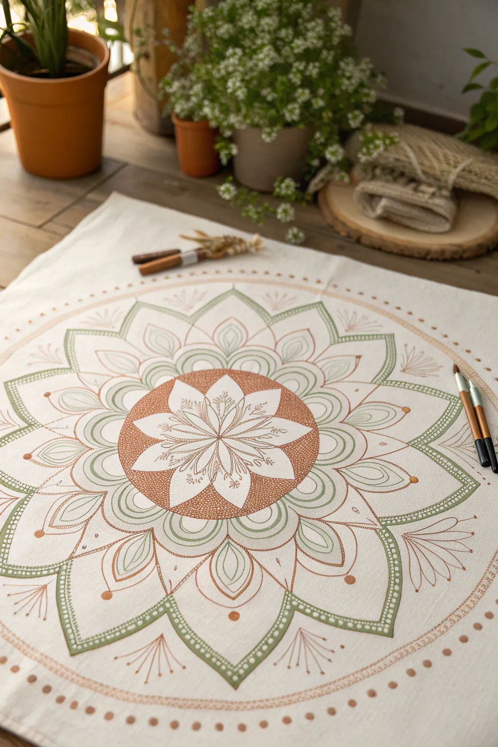 Simple paint pen mandala medallion with crisp dots and petals for calm minimalist boho art.