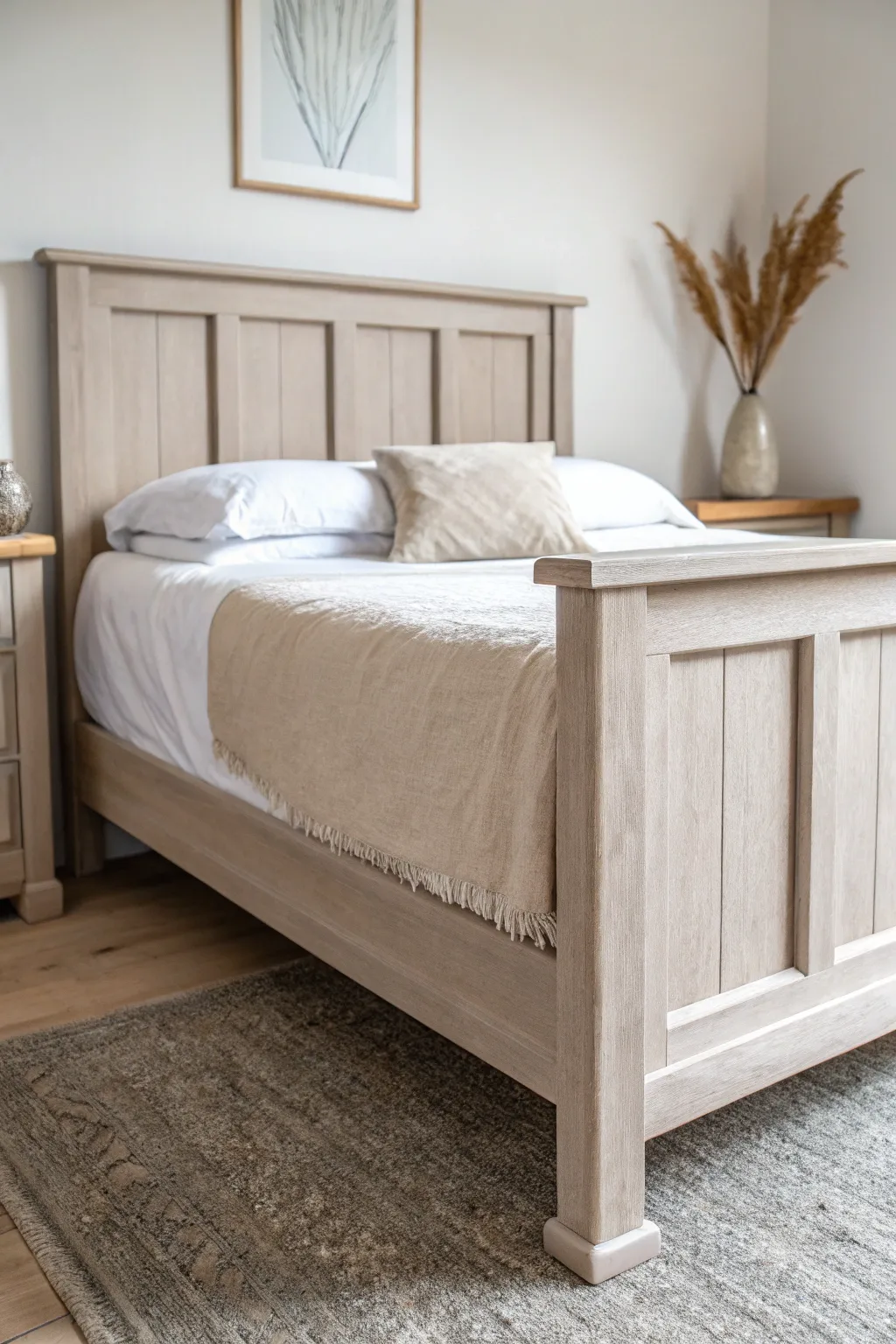 Soft greige bed frame brings calm modern warmth to your bedroom makeover in gentle morning light