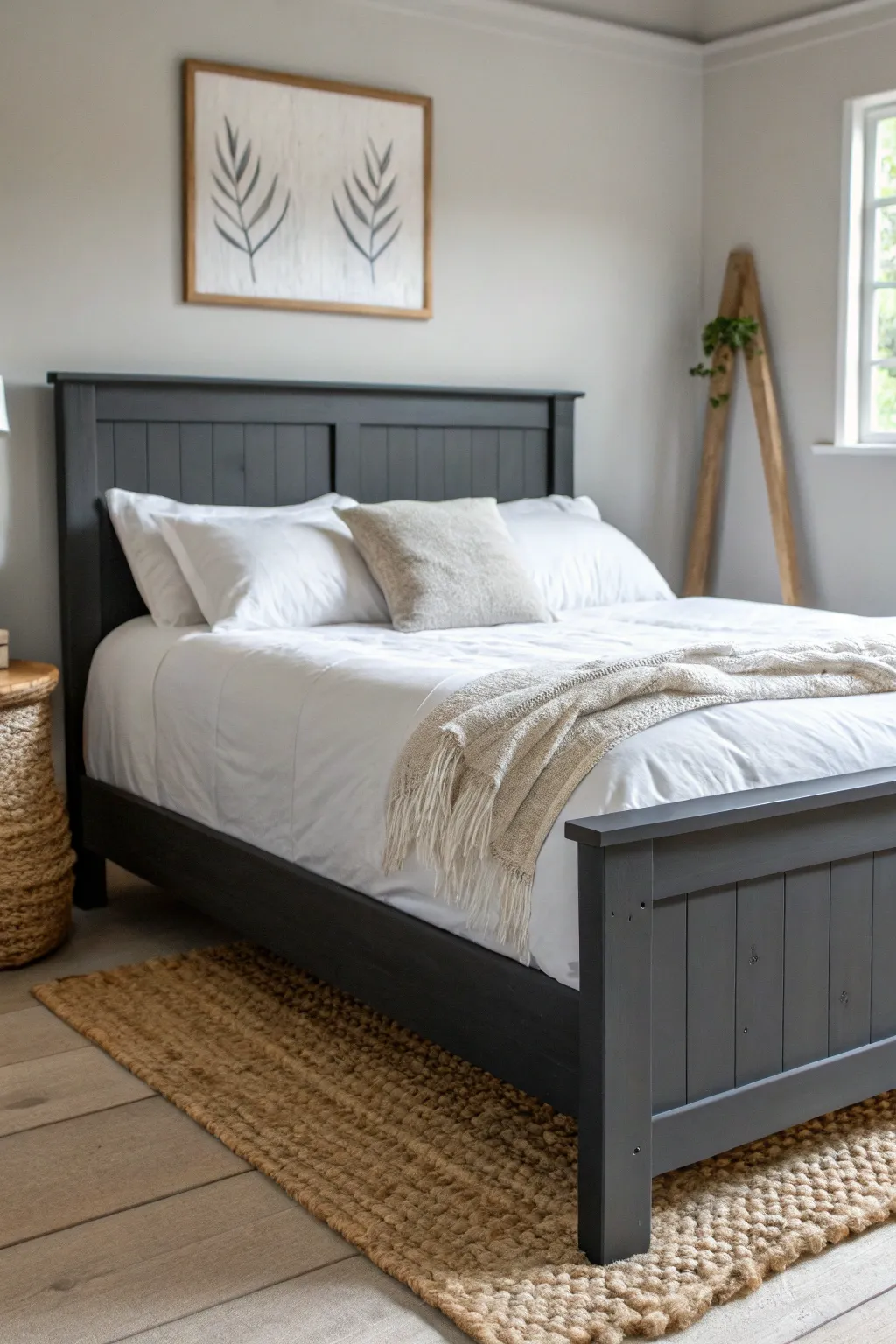 Matte charcoal bed frame with crisp white linens for a modern Scandinavian moody look