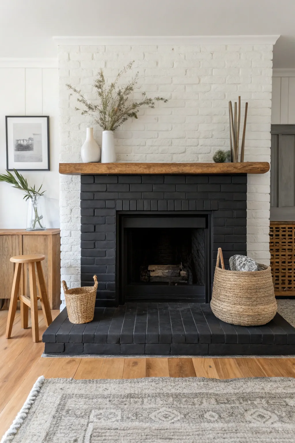 Matte black brick fireplace turns moody and modern, balanced with light walls and natural textures.