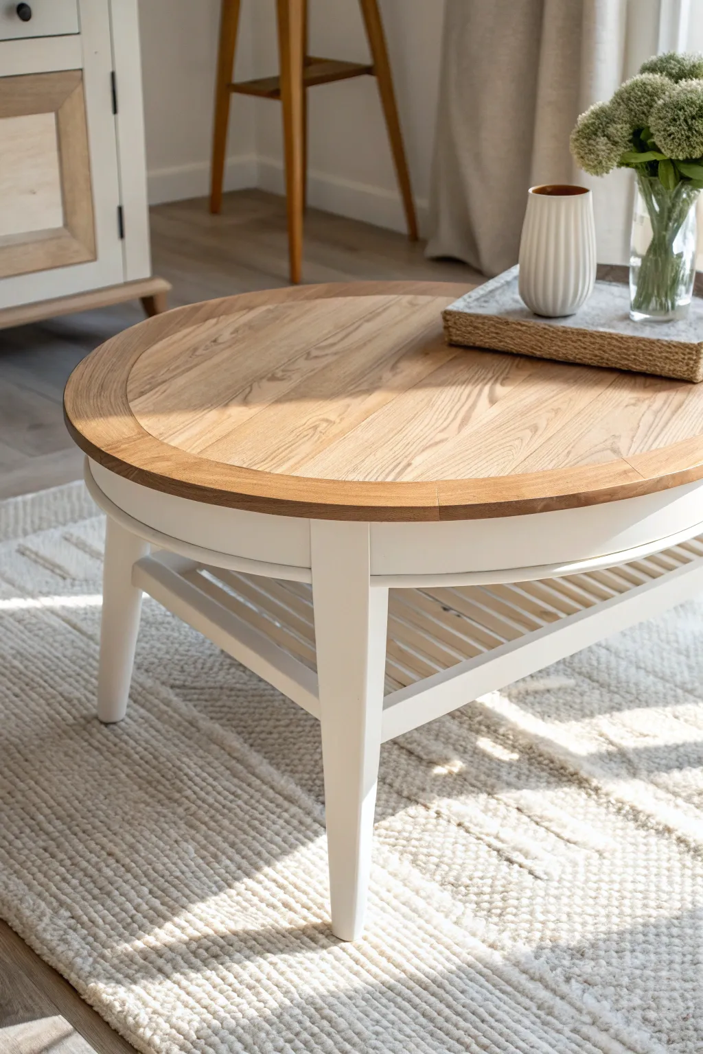 Two-tone coffee table with a painted base and natural wood top for calm modern contrast