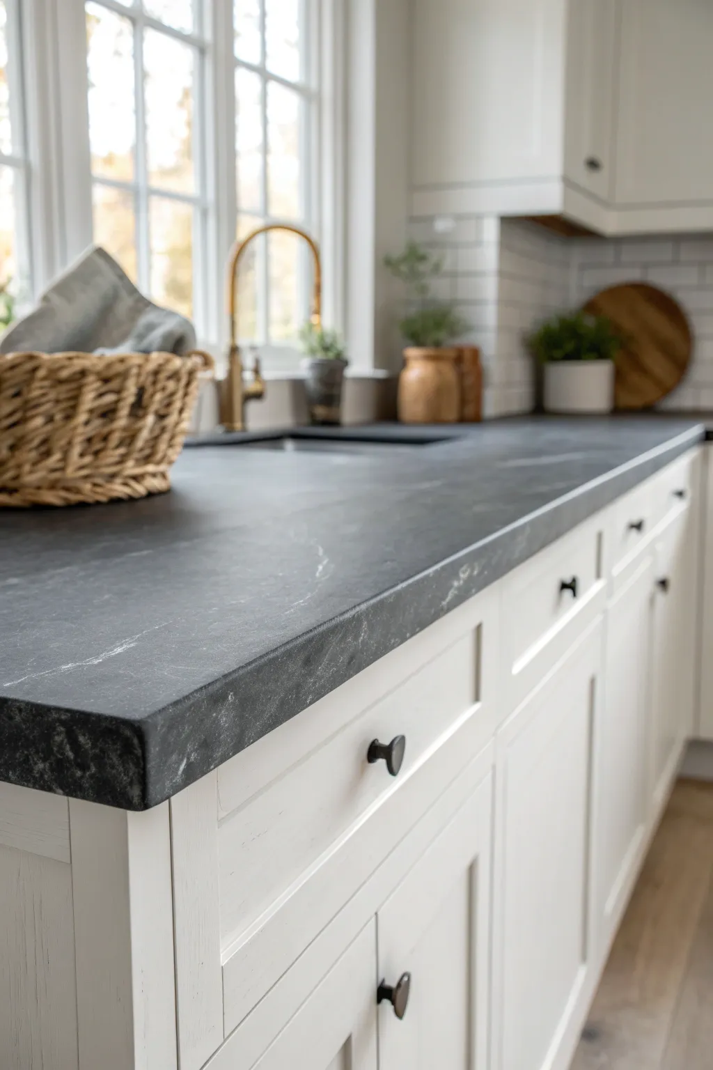 Deep charcoal soapstone-style painted countertop, matte and moody, paired with crisp white cabinets