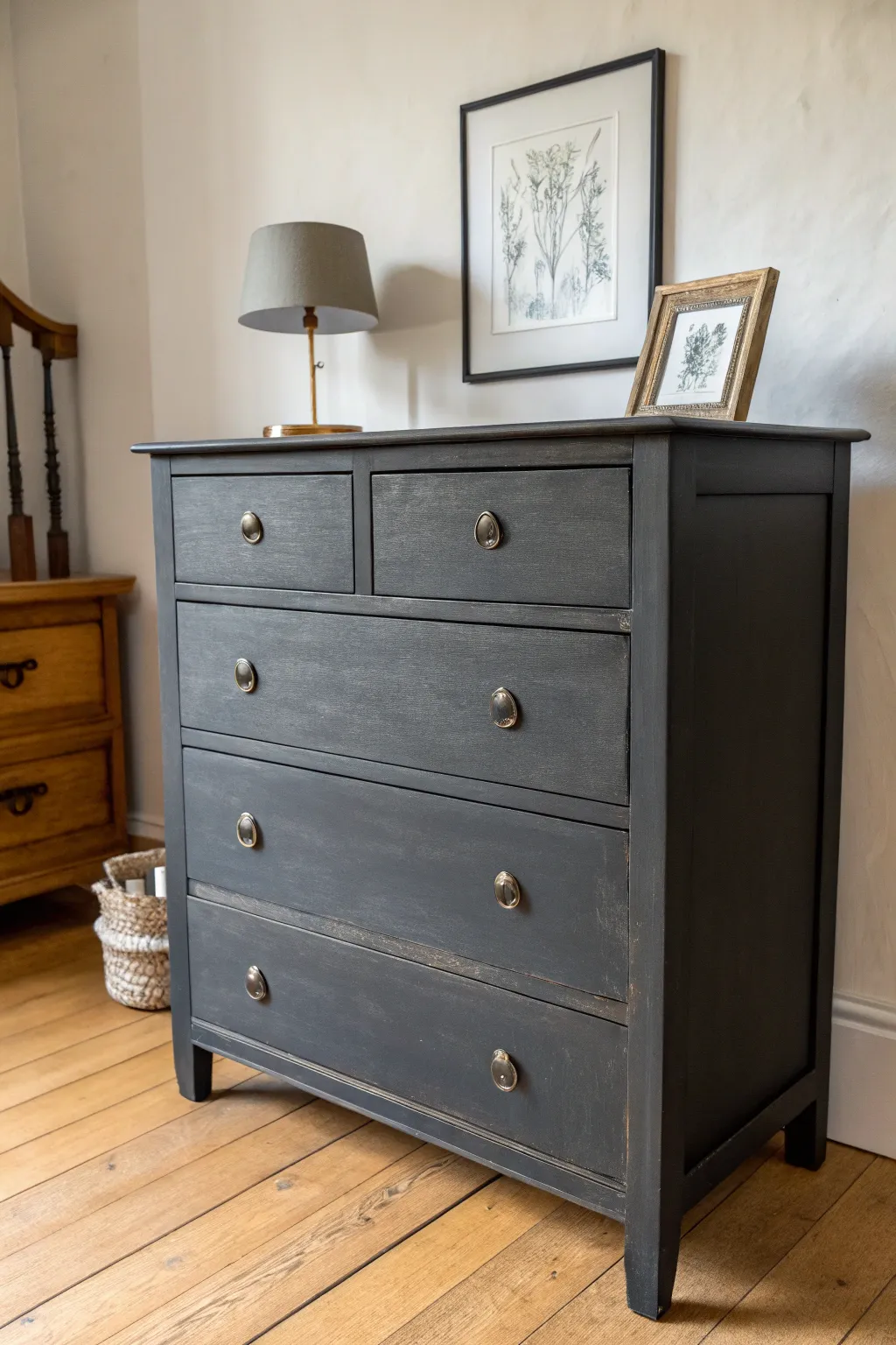Moody charcoal dresser paint with warm lamp glow for a chic minimalist-boho look.