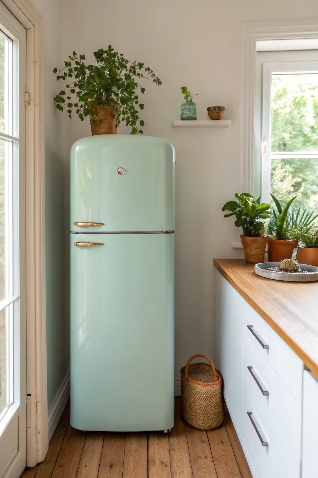 Retro pastel fridge makeover: mint satin finish with plants and warm wood accents.