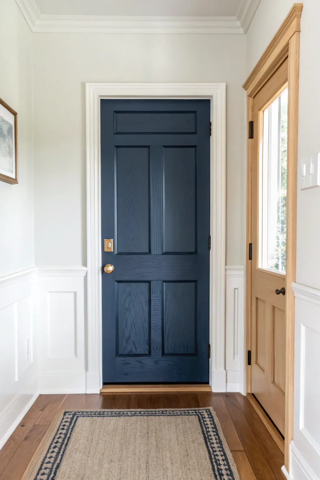 Polished navy interior door against soft neutrals, paired with a simple tonal runner.