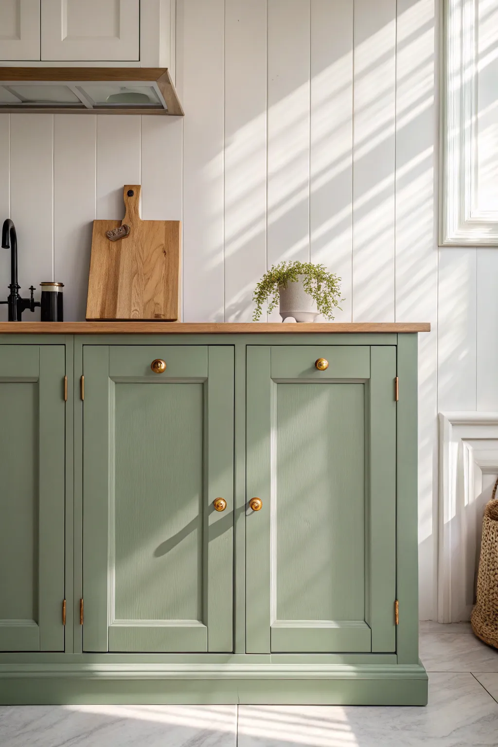 Sage green cabinets with warm wood accents for a calm, sunlit Scandinavian kitchen vibe