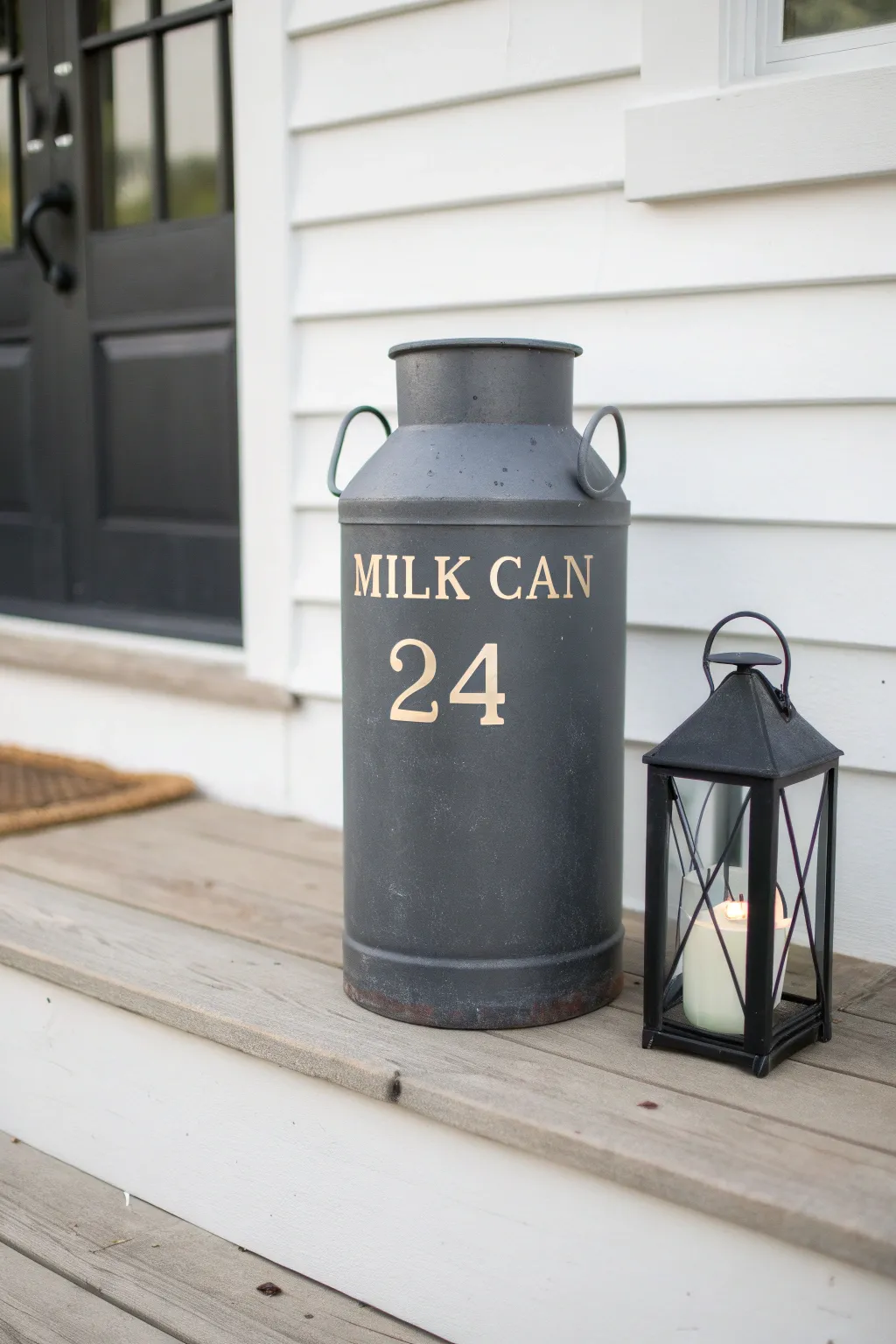 Dark painted milk can with bold vertical house numbers, minimalist porch marker in soft light