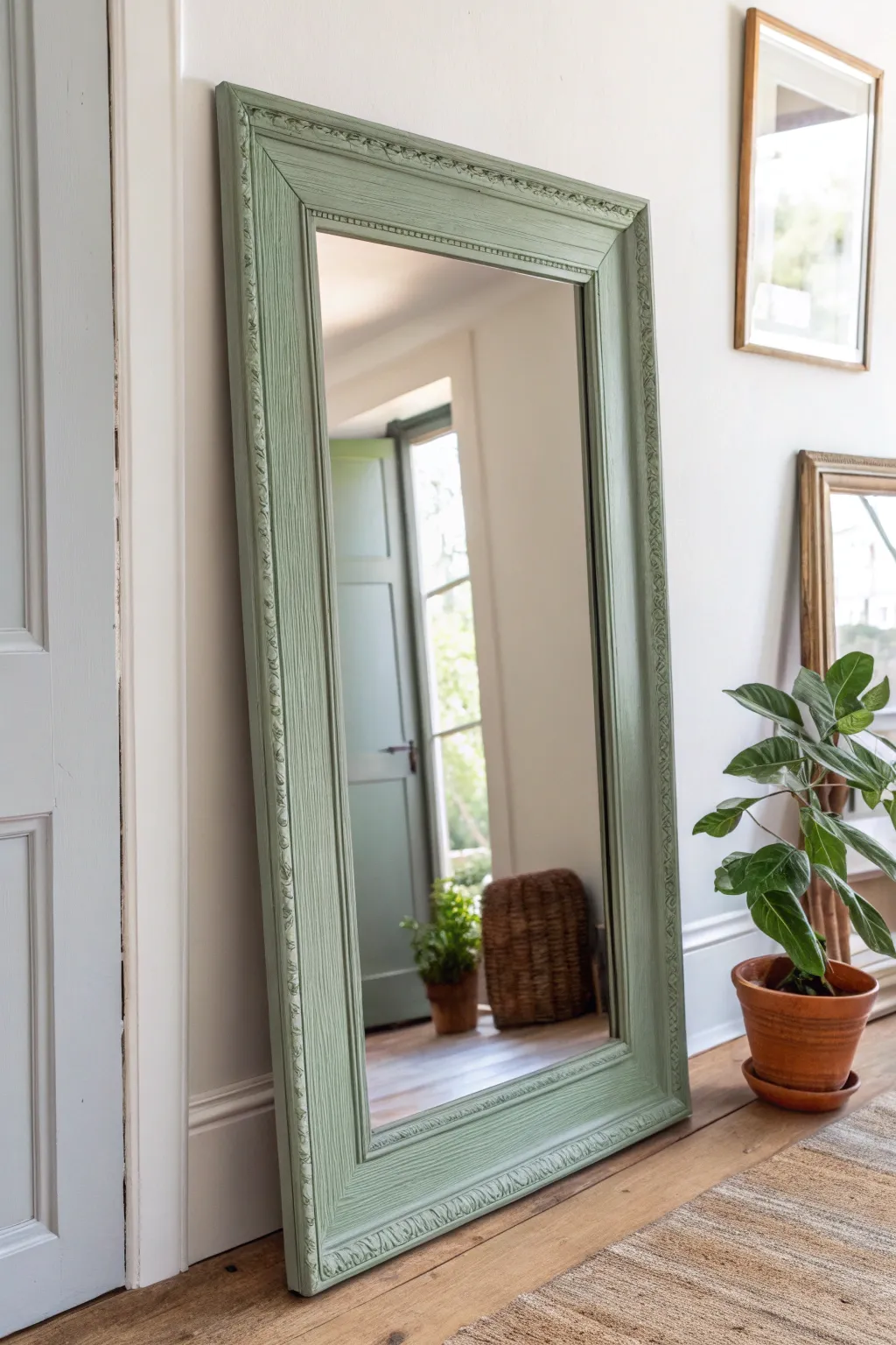 Sage green painted mirror frame brings fresh, cozy entryway charm with wood and greenery