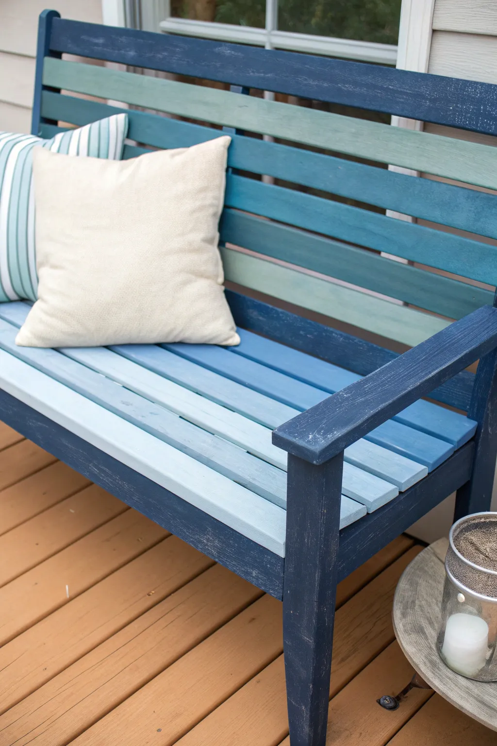 Coastal blue bench makeover with layered tones, linen softness, and clean Scandinavian calm