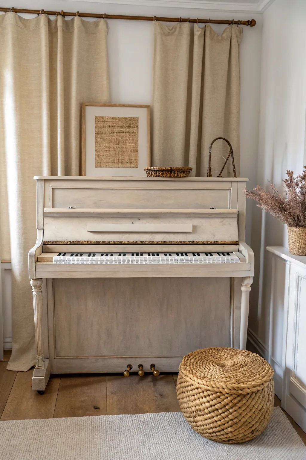 Warm greige piano paint that blends into decor for a calm, minimalist nook with soft textures.