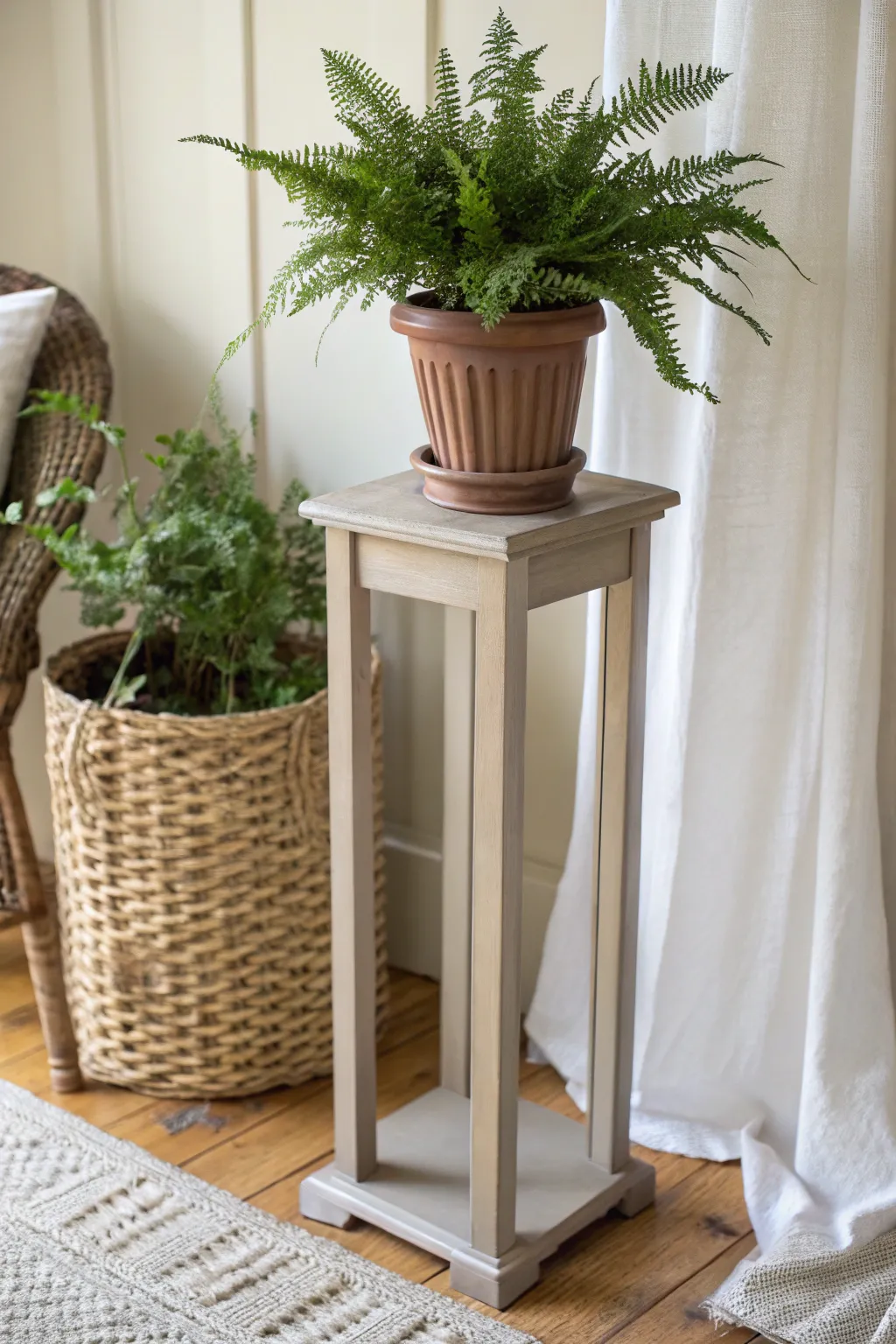 Warm greige painted plant stand styled with fern, linen, and woven textures for calm contrast.