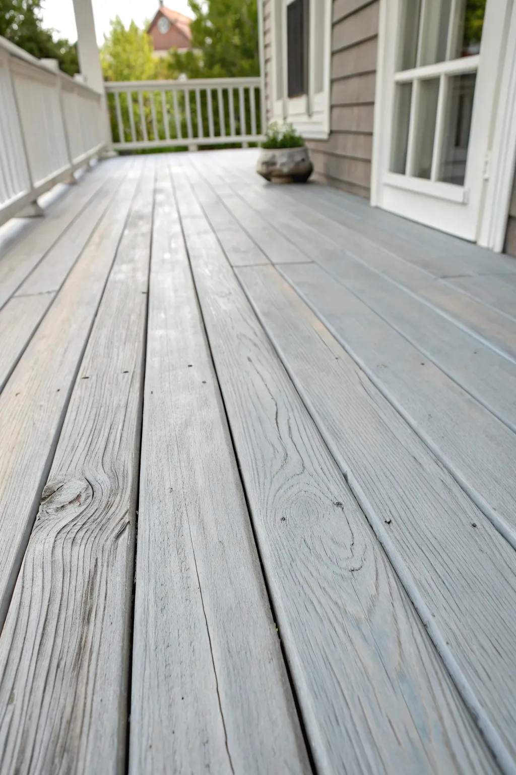 Soft graywash porch boards with driftwood texture, calm Scandinavian minimal charm.