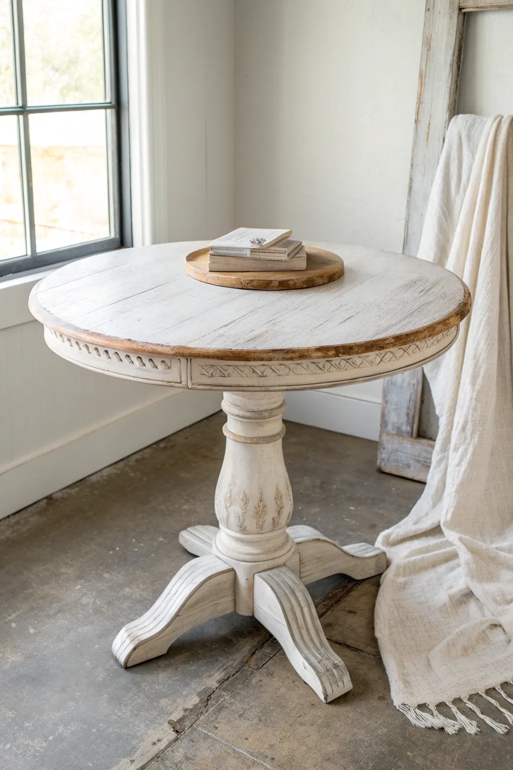 Distressed cottage charm: a chalky white round table with soft wear and cozy linen texture.
