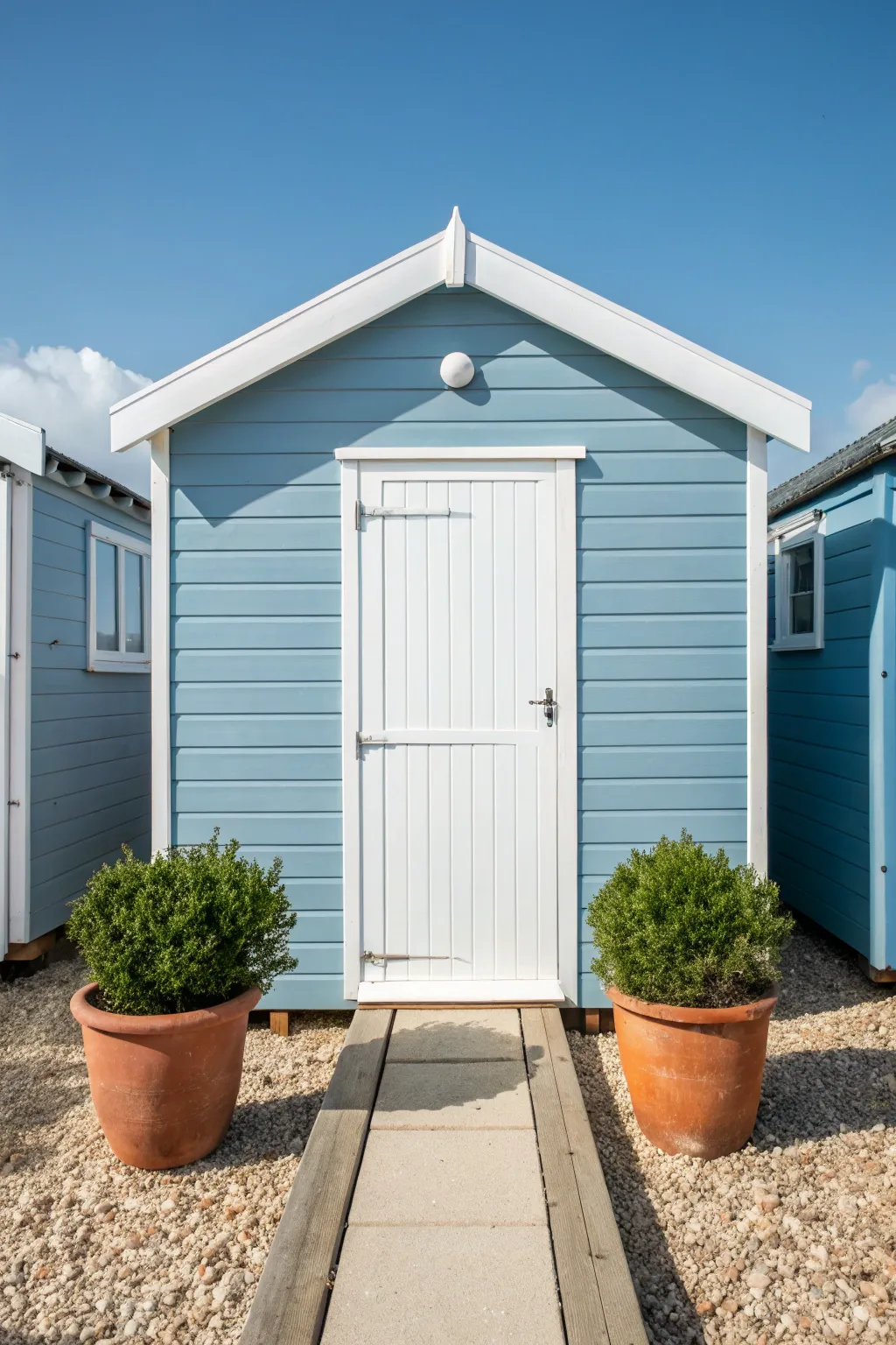 Coastal blue shed with crisp white trim, sunlit textures, and simple potted greenery.