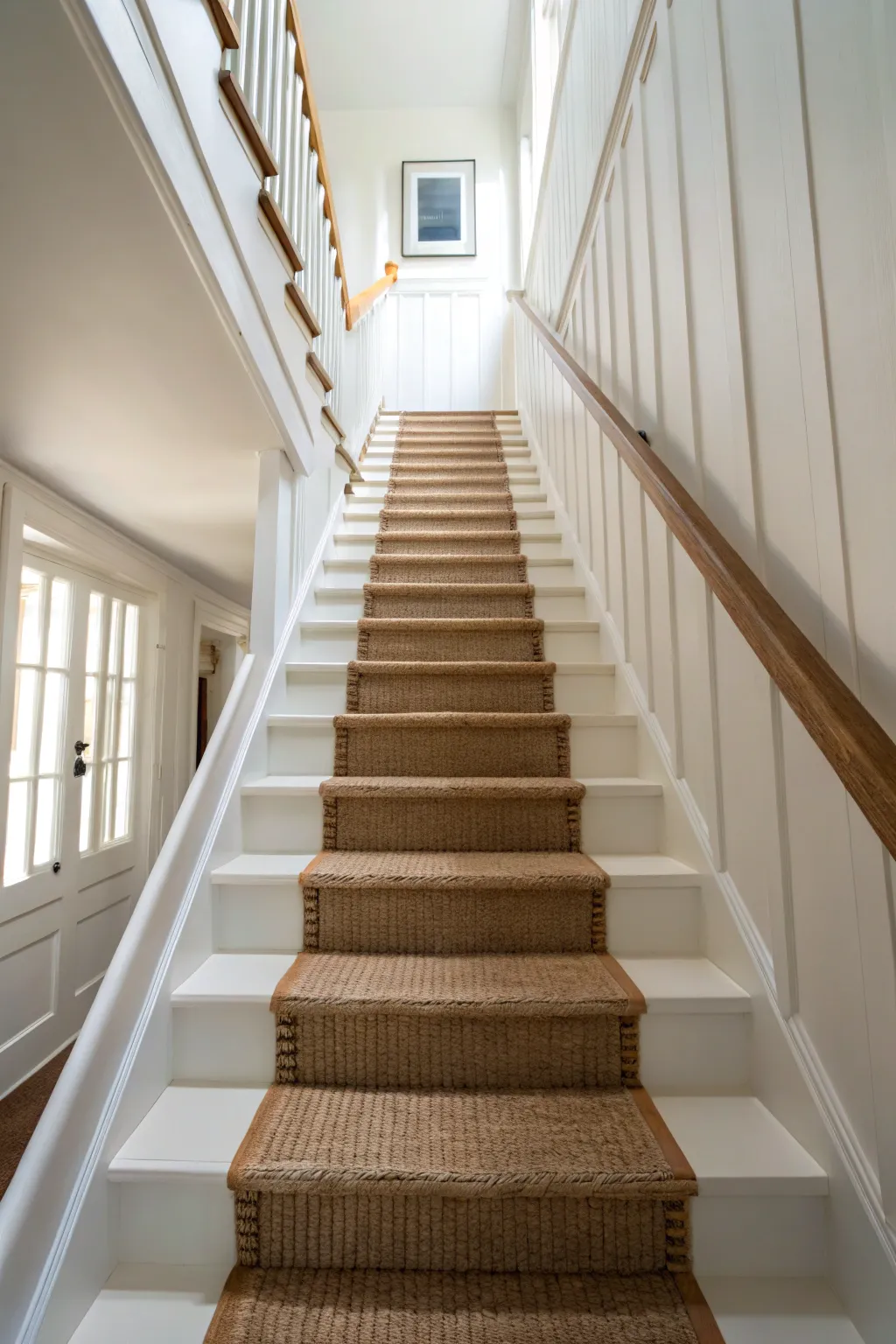 Soft greige stairs paired with a woven natural runner for calm Scandinavian boho contrast.