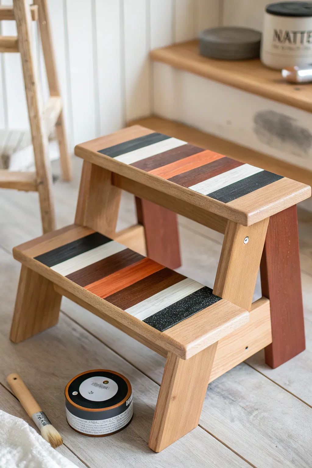 Bold striped steps on a simple stool, taped and ready for an easy Scandinavian DIY.