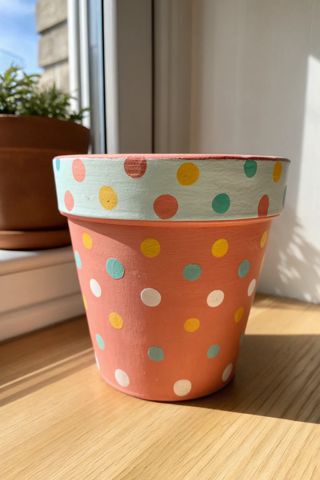 Playful polka dot terracotta pot for instant cheer, styled minimal with a dotting tool and succulent
