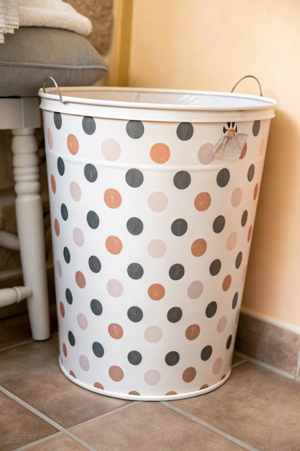 Oversized polka dots turn a simple trash can into a playful, minimalist statement piece.