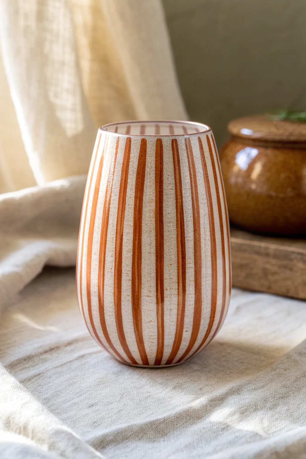 Modern painted wine glass with bold vertical stripes, minimal Scandinavian studio styling