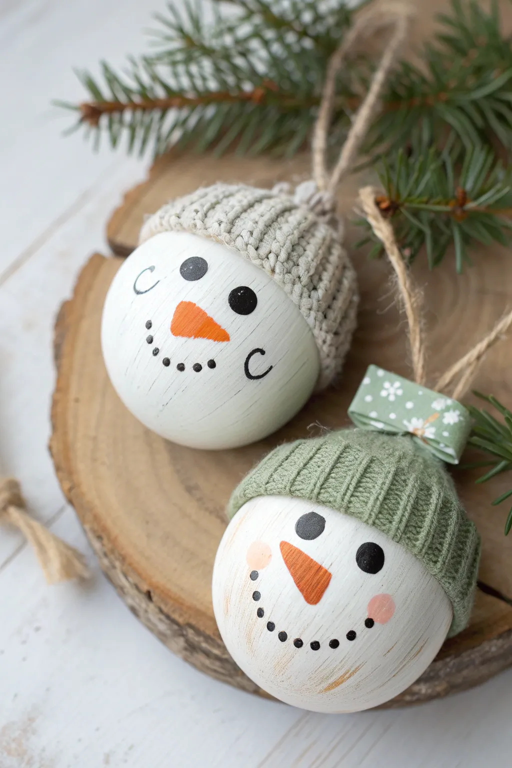 Cozy painted snowman wood ornaments with carrot noses in a clean Scandinavian boho style.