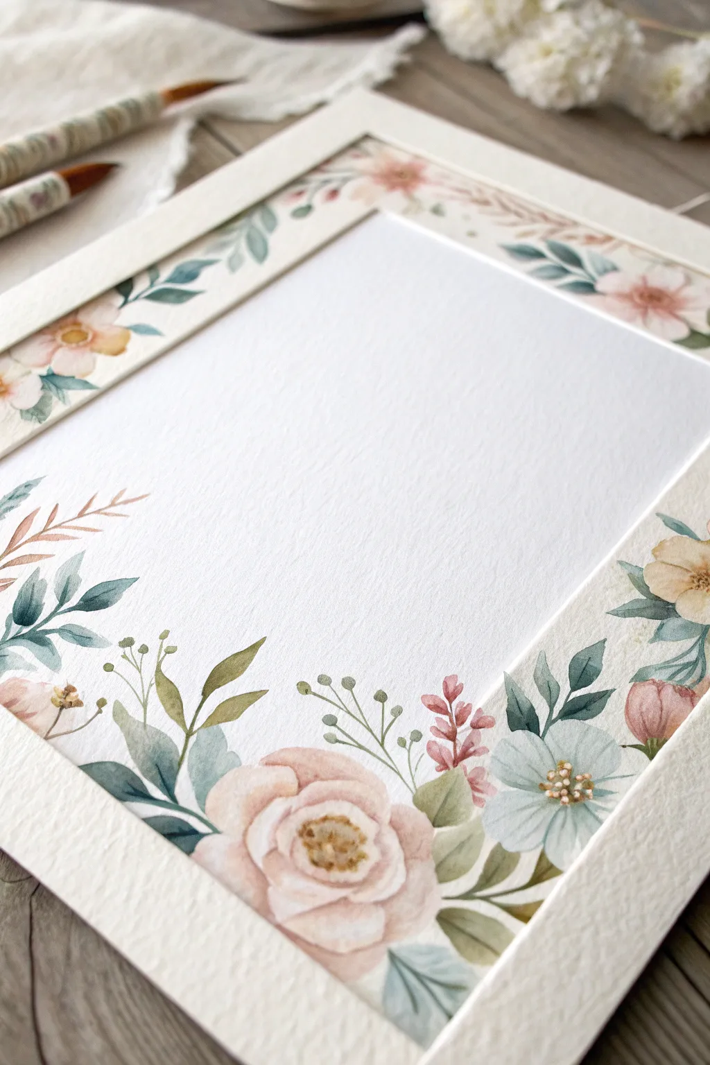 Soft watercolor wash frame with airy white center, gentle blooms, and calm minimalist contrast