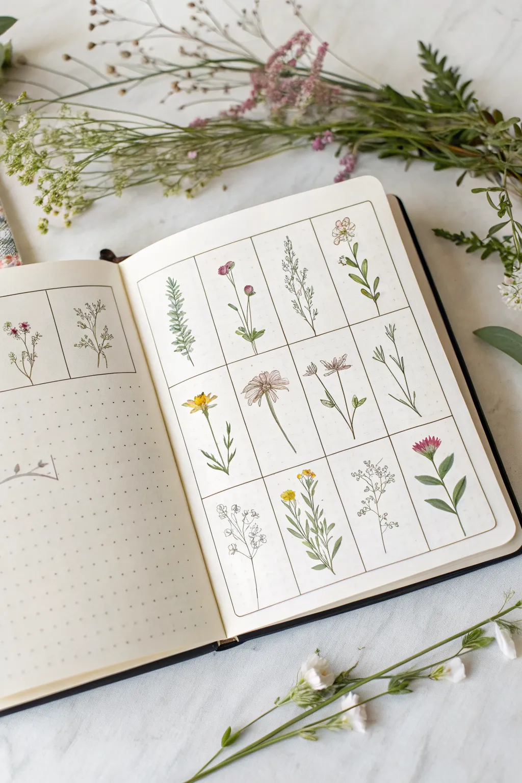 30-day botanicals challenge spread: 30 tiny floral sketches in a calm Scandinavian, boho mood.
