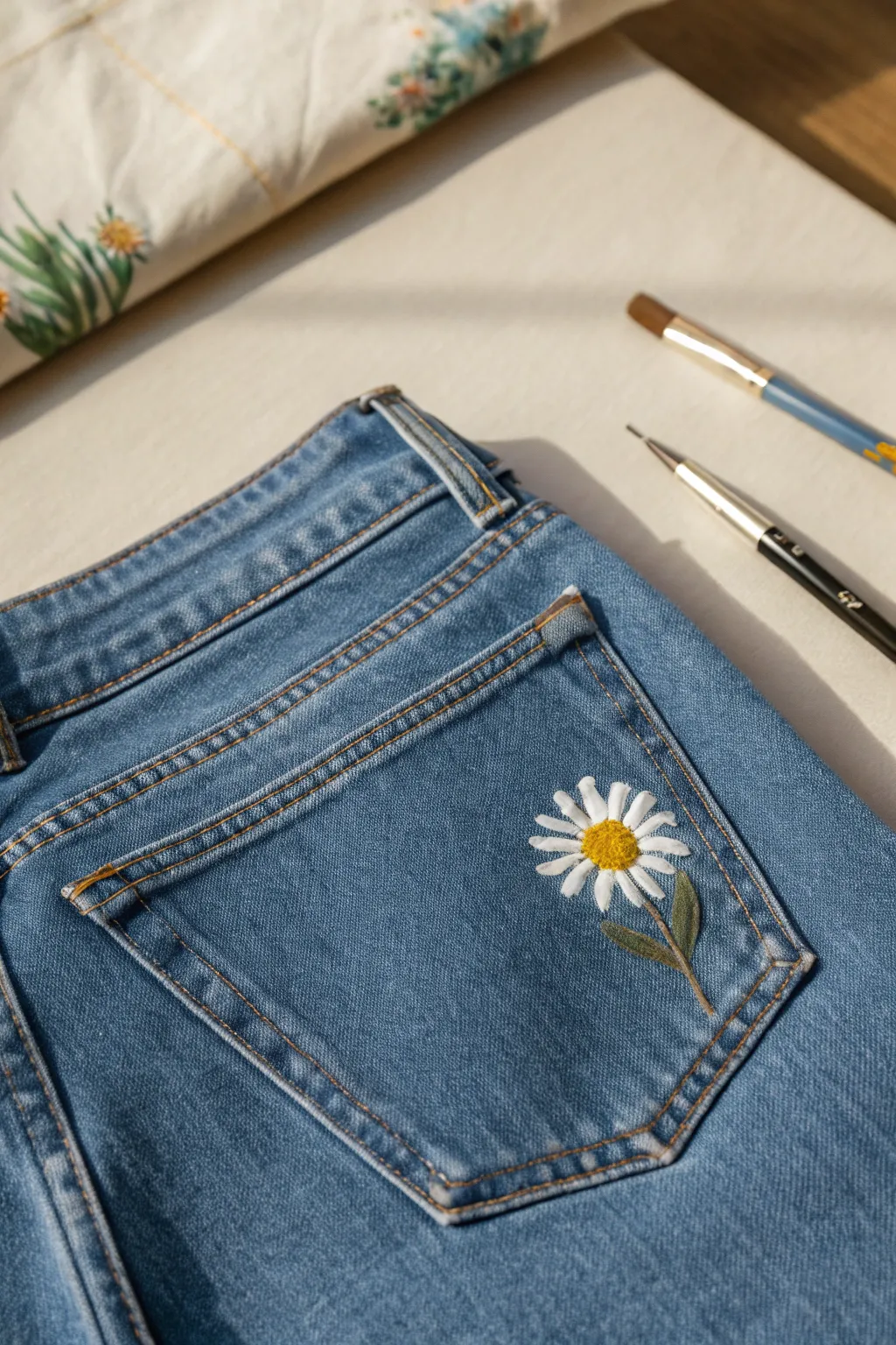 Tiny painted daisy peeking from a jean pocket, a simple cute detail made with a liner brush