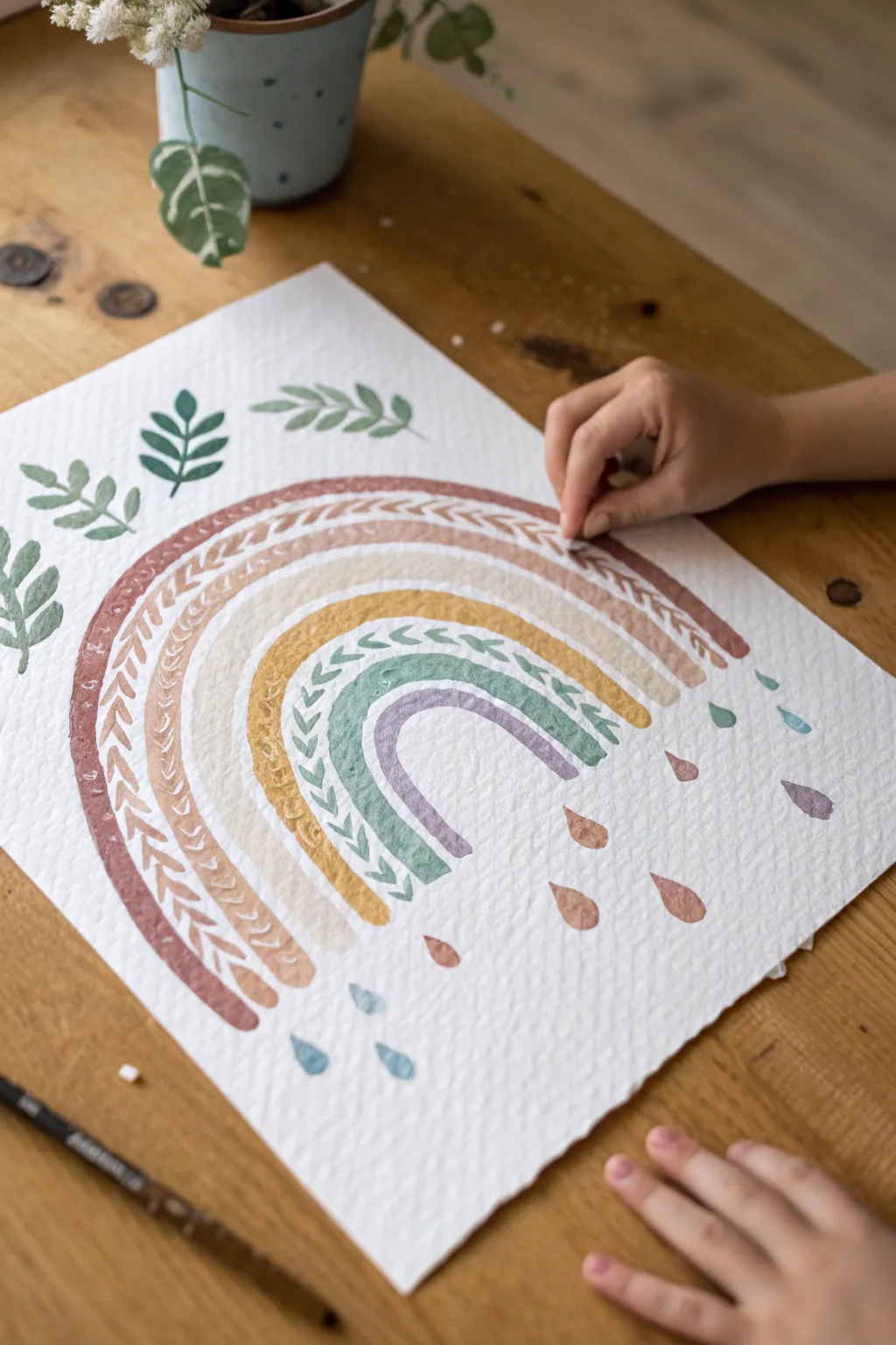 Minimalist handprint rainbow with fingerprint raindrops in soft boho pastels and crisp contrast