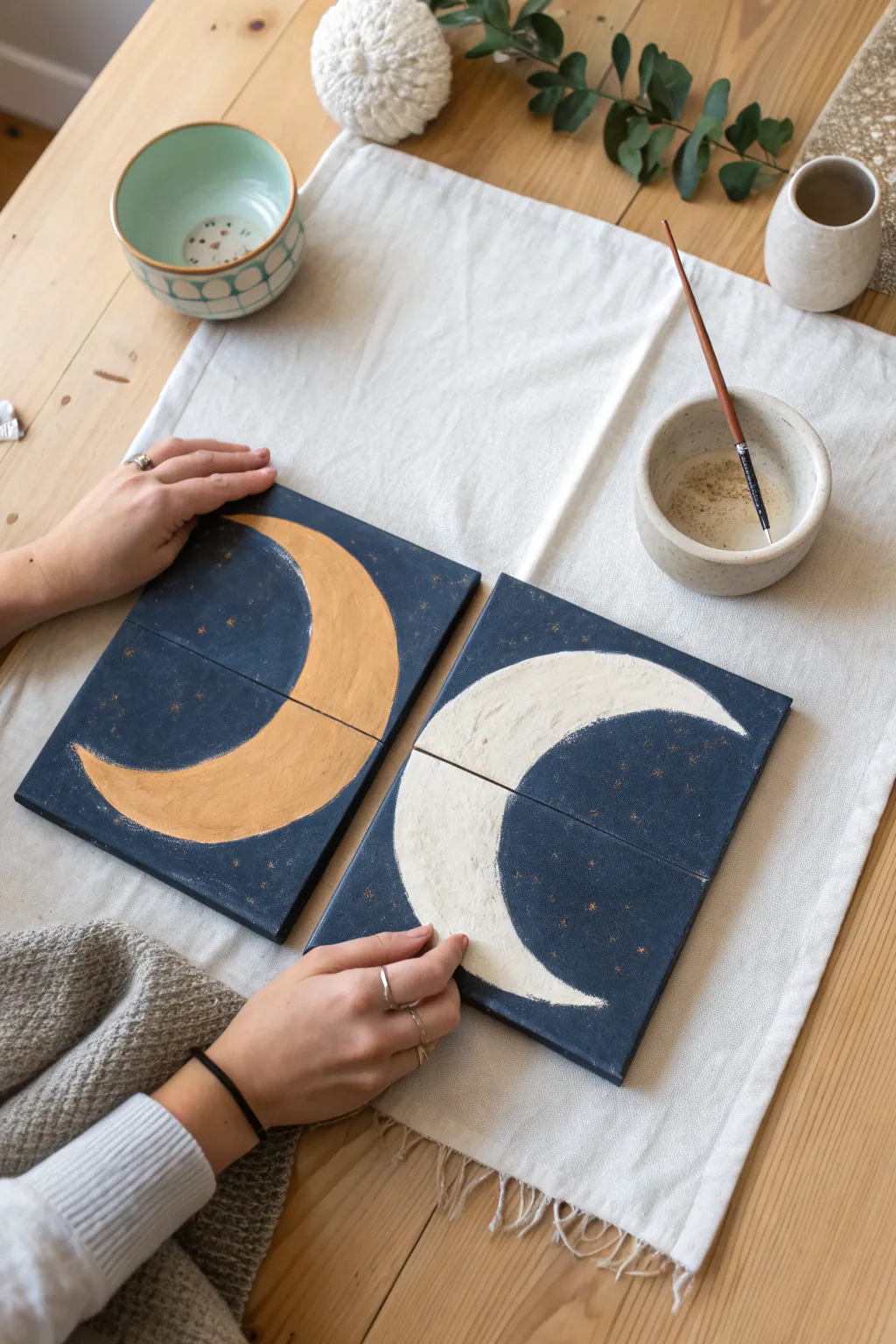A sweet diptych painting date: align two canvases into one moonlit scene together.
