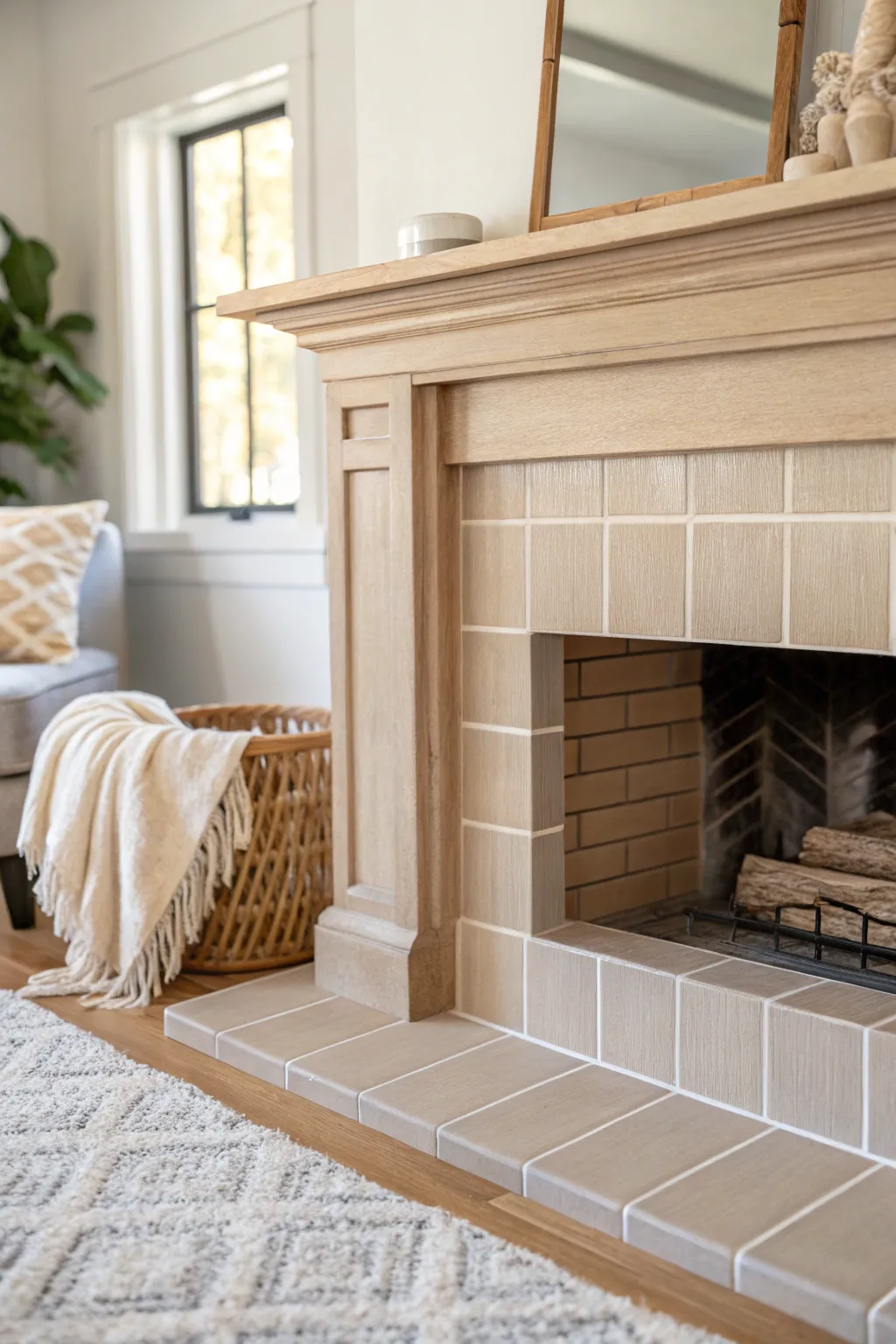 Warm greige painted fireplace tiles bring a calm modern mood with soft, creamy contrast.