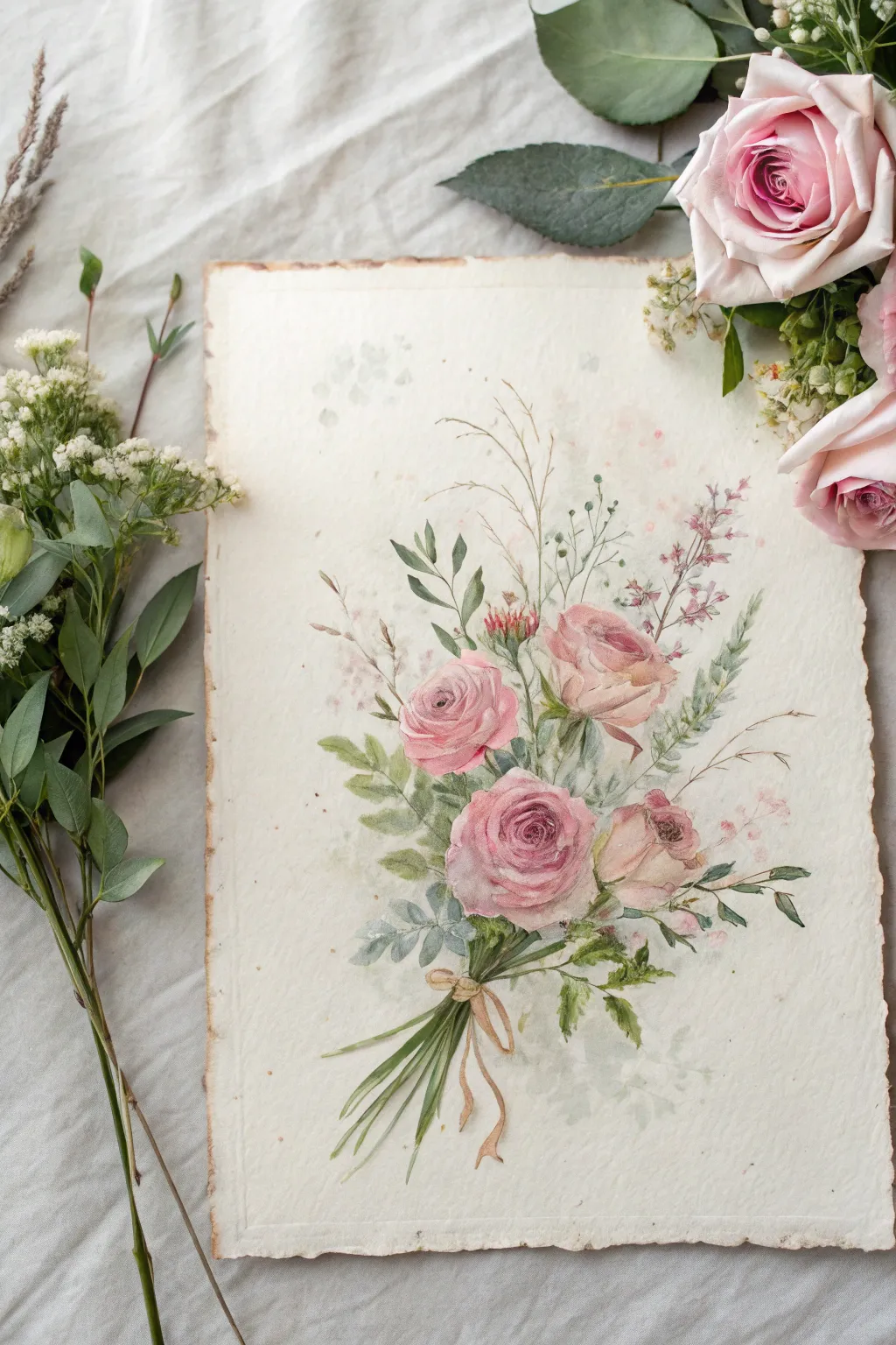 Faded watercolor bouquet on tea-stained paper, a minimalist vintage study with boho softness.